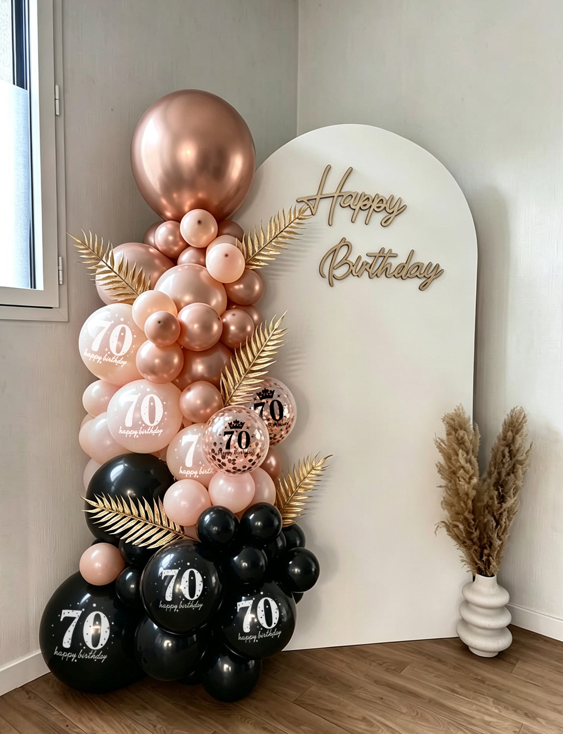 70th Birthday Balloons, Rose Gold and Black Balloons for Party Decor 24 Pcs 12 Inch Happy Birthday Balloons, Metallic and Pearl Rose Gold Balloons with Confetti, 70th Birthday Party Decorations
