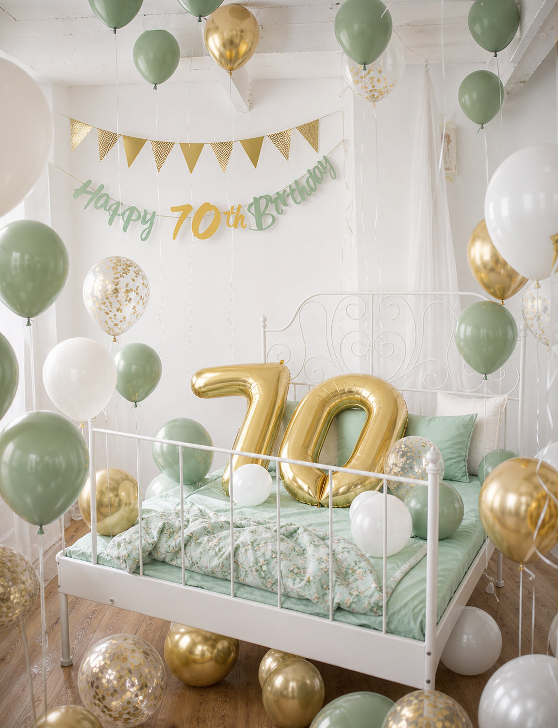 70th Birthday Decorations with 70th Birthday Banner for Women Men Sage Green Gold White Balloons, Number 70 Foil Balloon, Gold Bunting, Cake Topper for 50th Anniversary Birthday Party Decor