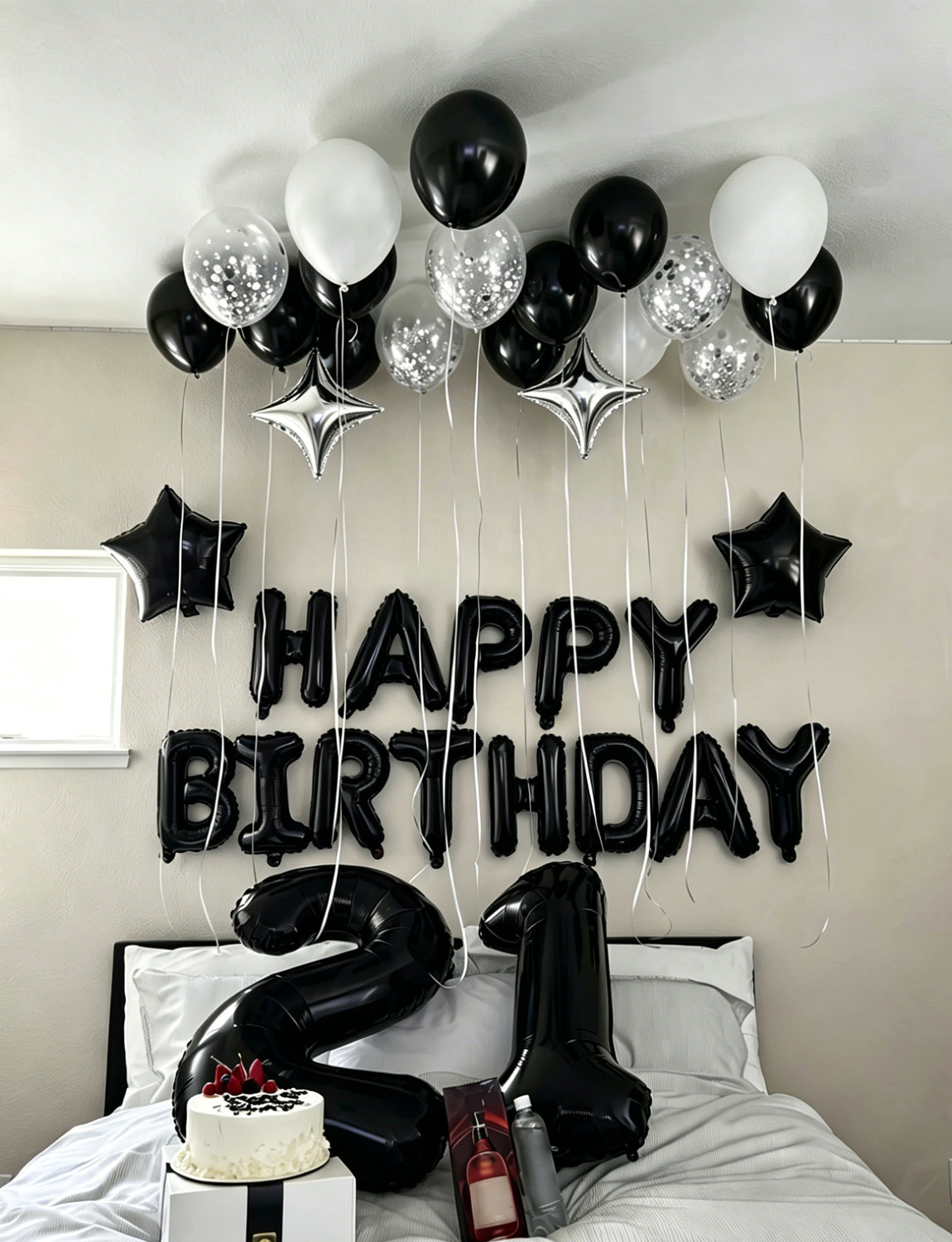 Black Happy Birthday Balloons - Happy Birthday Banner Balloons with Black White Silver Latex Confetti Balloon, Star Foil Balloon for Men Boys Birthdays Party Decorations, Photo Shoot Supplies