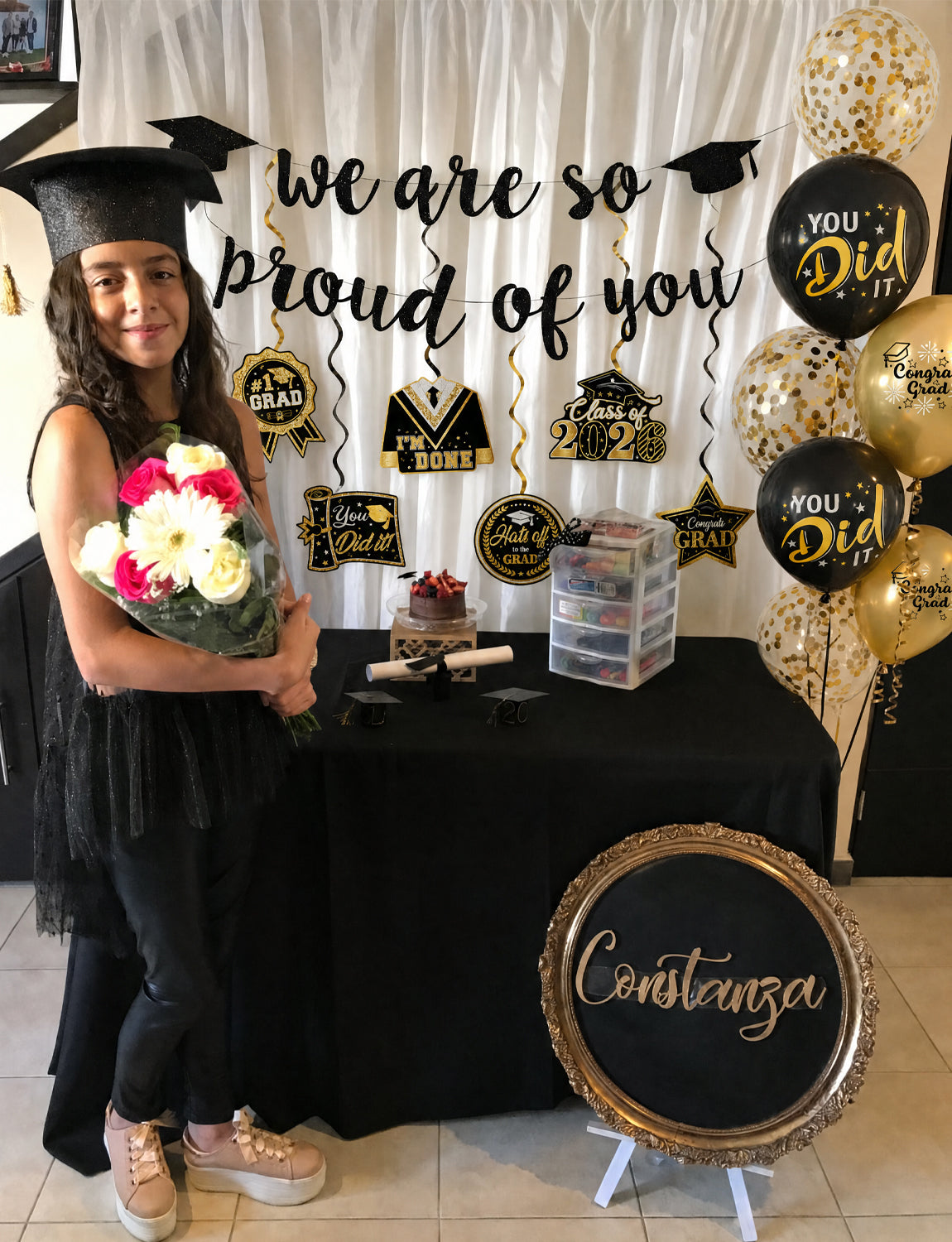2026 Graduation Decorations - Graduation Party Decorations with We Are So Proud of You Banner Hanging Swirls, Black and Gold Print Balloons for Graduations Class of 2026 Leavers Party Supplies