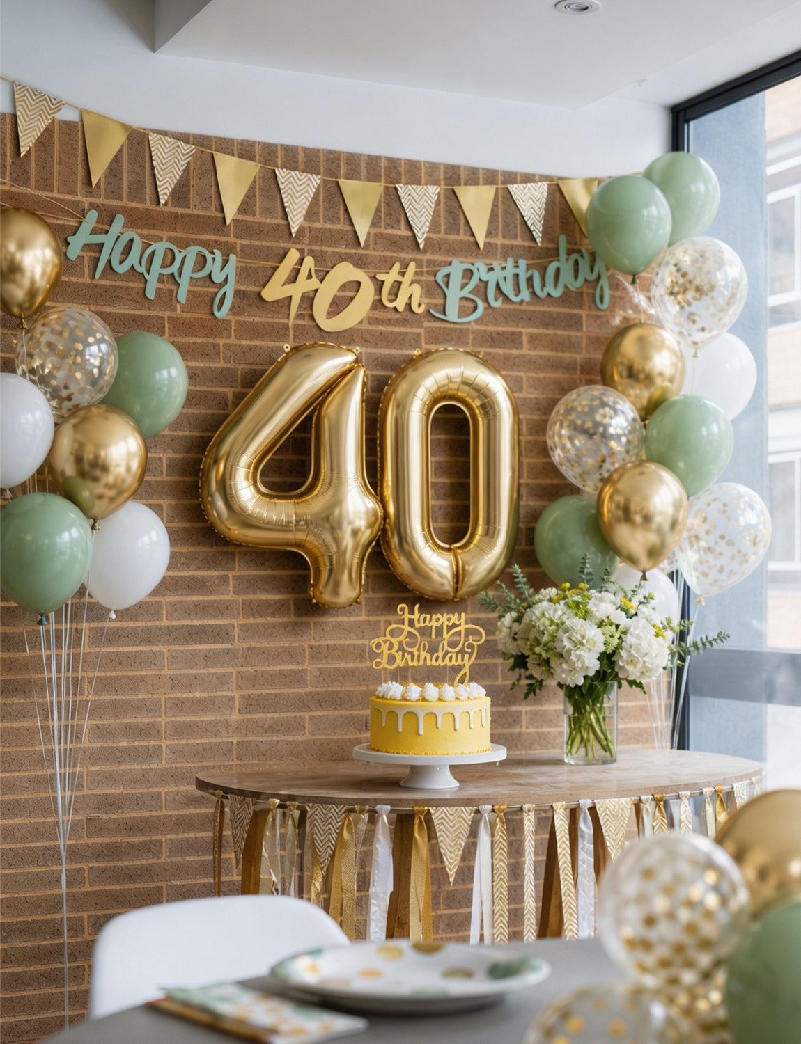 40th Birthday Decoration with Happy 40th Birthday Banner for Women Sage Green Gold White Balloons, Number 40 Foil Balloon, Gold Bunting, Cake Topper for 40th Anniversary Birthday Party Decor