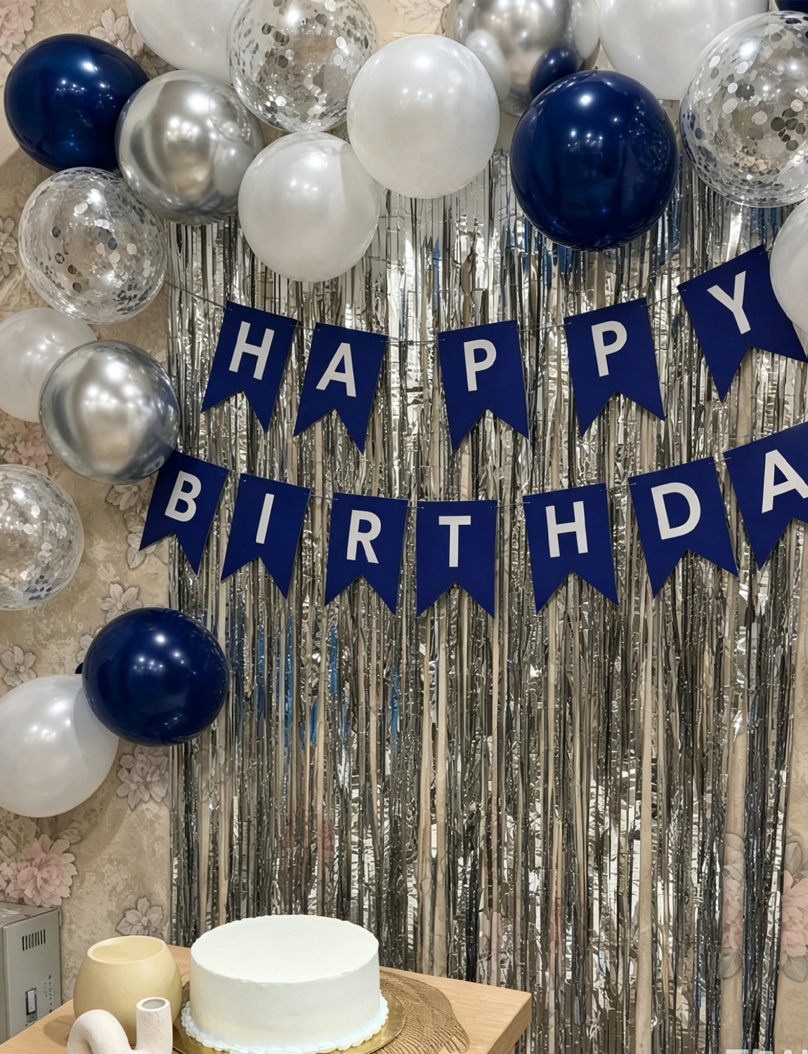 Navy Blue Birthday Banner - Blue Happy Birthday Banner with 12 Inch Navy White Silver Latex Confetti Balloons Reusable Bunting Banners for Girls Women Pet Happy Birth Party Decorations