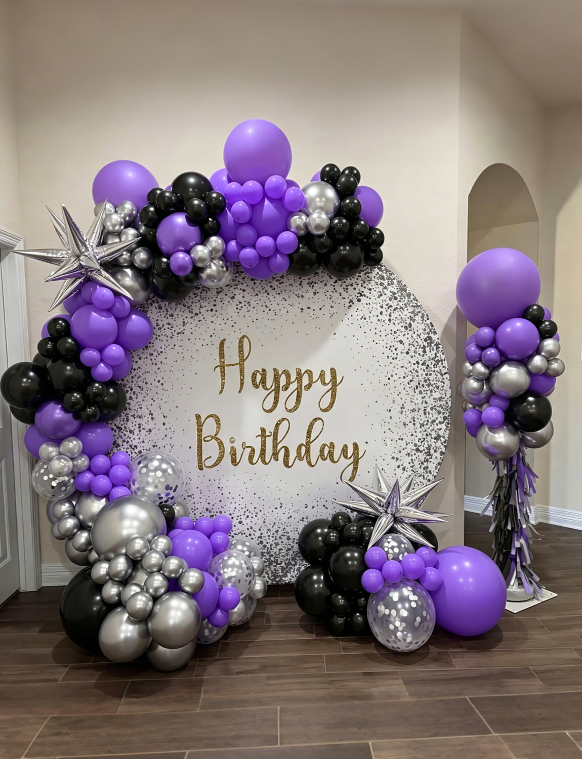 Purple and Black Balloon Garland Arch Kit with Star Foil Balloon 116Pcs Different Size Metallic Silver Balloon, Confetti Balloons for Halloween Graduation Birthday Party Decorations
