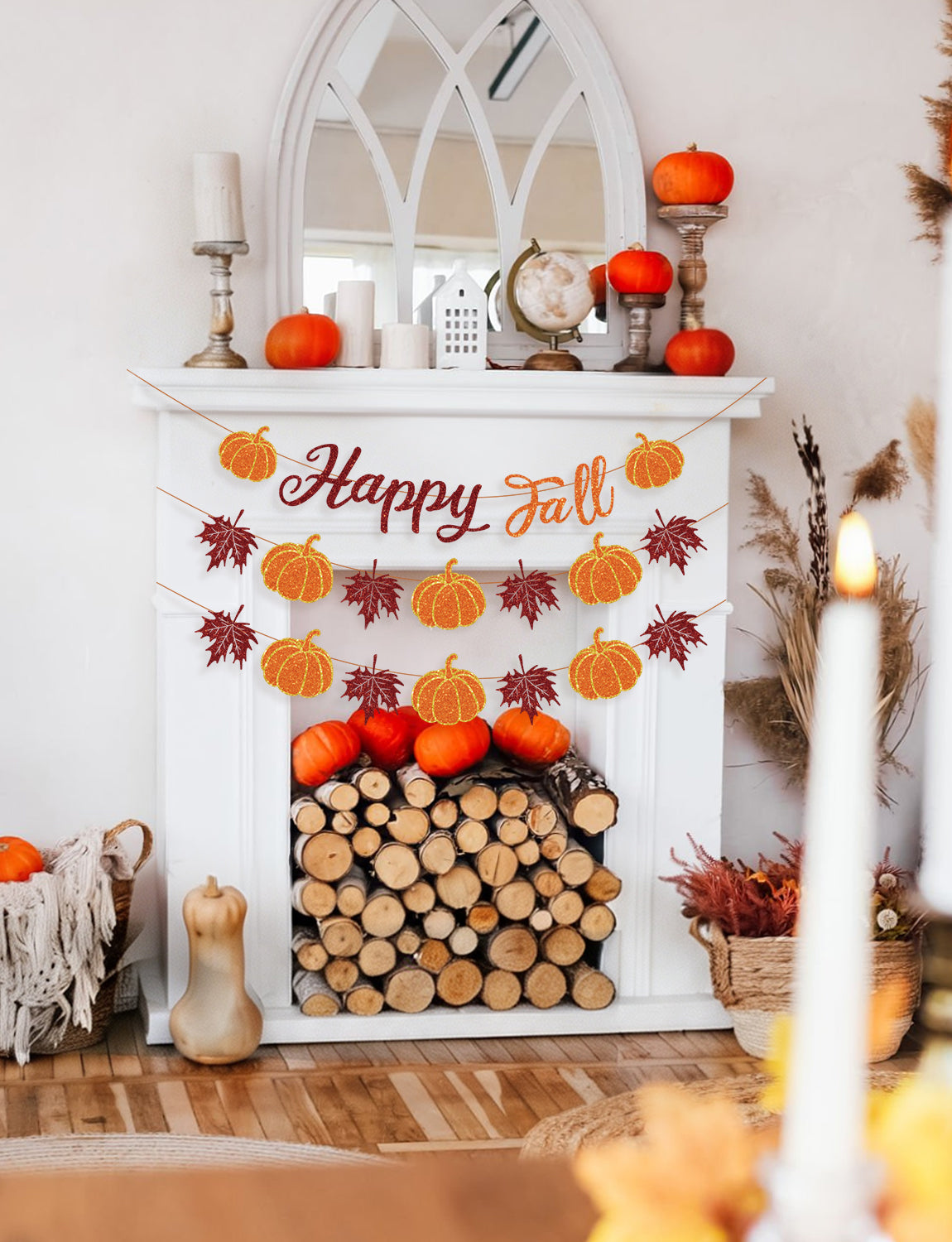 Happy Fall Banner, Fall Decorations with Pumpkin and Maple Leaves | 3-Piece Glitter Fall Banner Set, Thanksgiving Party Decorations for Home, Mantel, Wall, Office, Autumn Harvest Celebrations