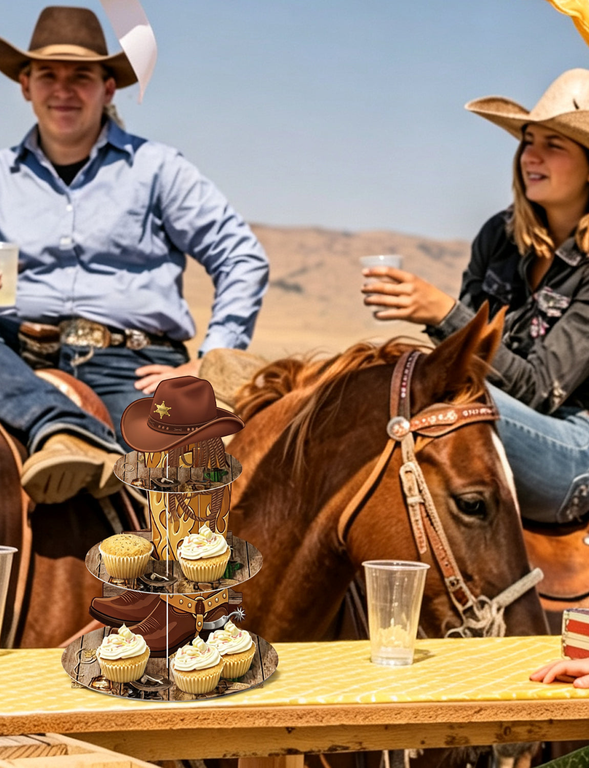 3 Tier Western Cowboy Cupcake Stand for Wild West Party Decorations Western Cupcake Holder, Cardboard Cupcake Stand for Dessert Table Display, Cowboy Birthday Baby Shower Party Decorations