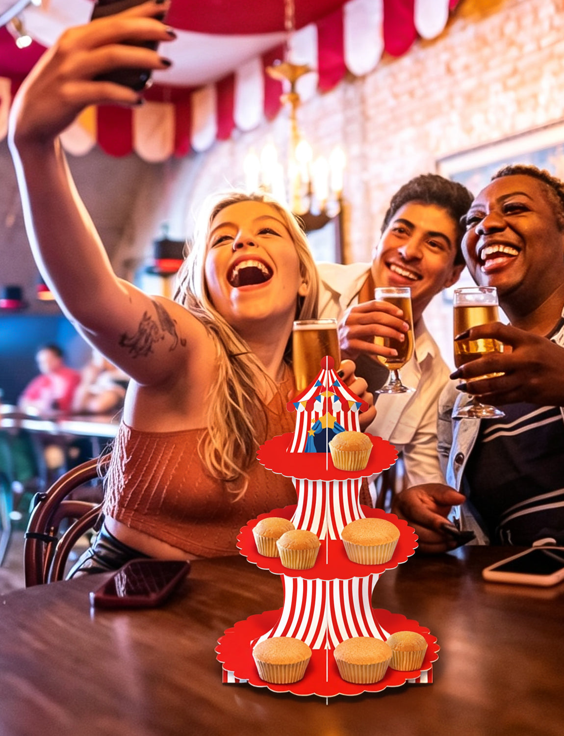3 Tier Circus Carnival Cupcake Stand, Circus Tent Cupcake Holder Red and White Striped Cardboard Cupcake Stand, Carnival Decorations for Birthday Baby Shower Circus Party Decorations