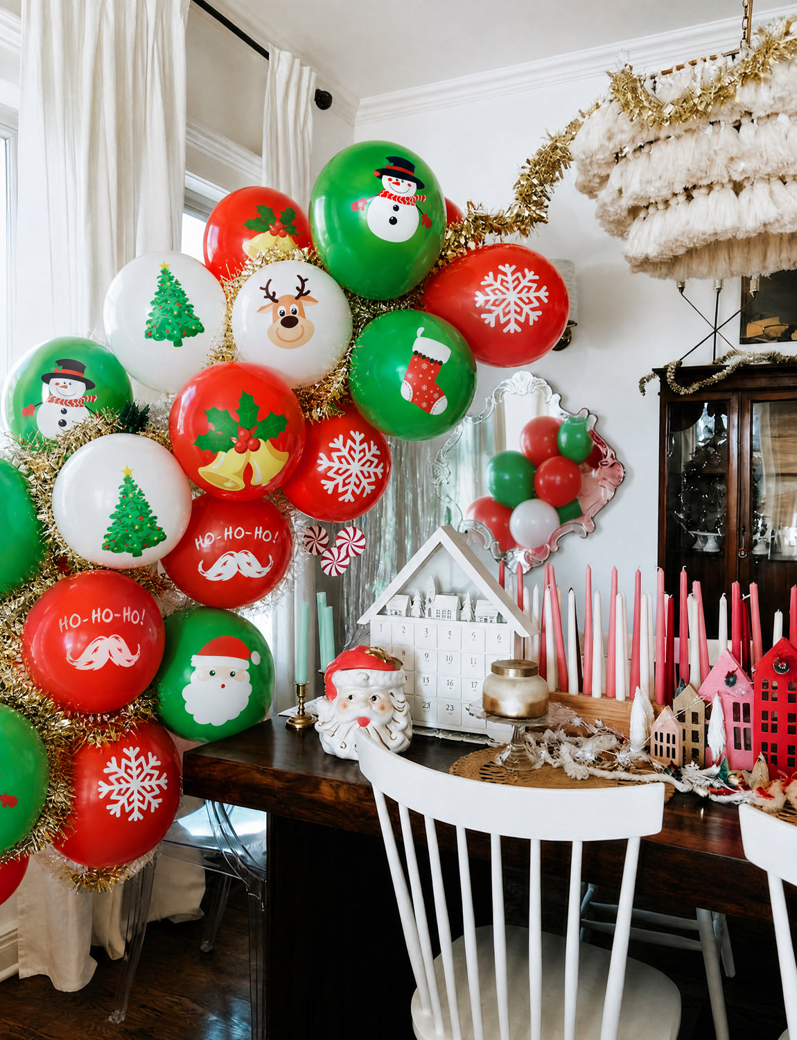 Christmas Balloons, 50 Pcs 12 Inch Christmas Print Balloon, 9 Styles Christmas Party Balloons, Red Green White Latex Balloons, Christmas Decorations for Xmas Winter Wonderland Birthday Parties