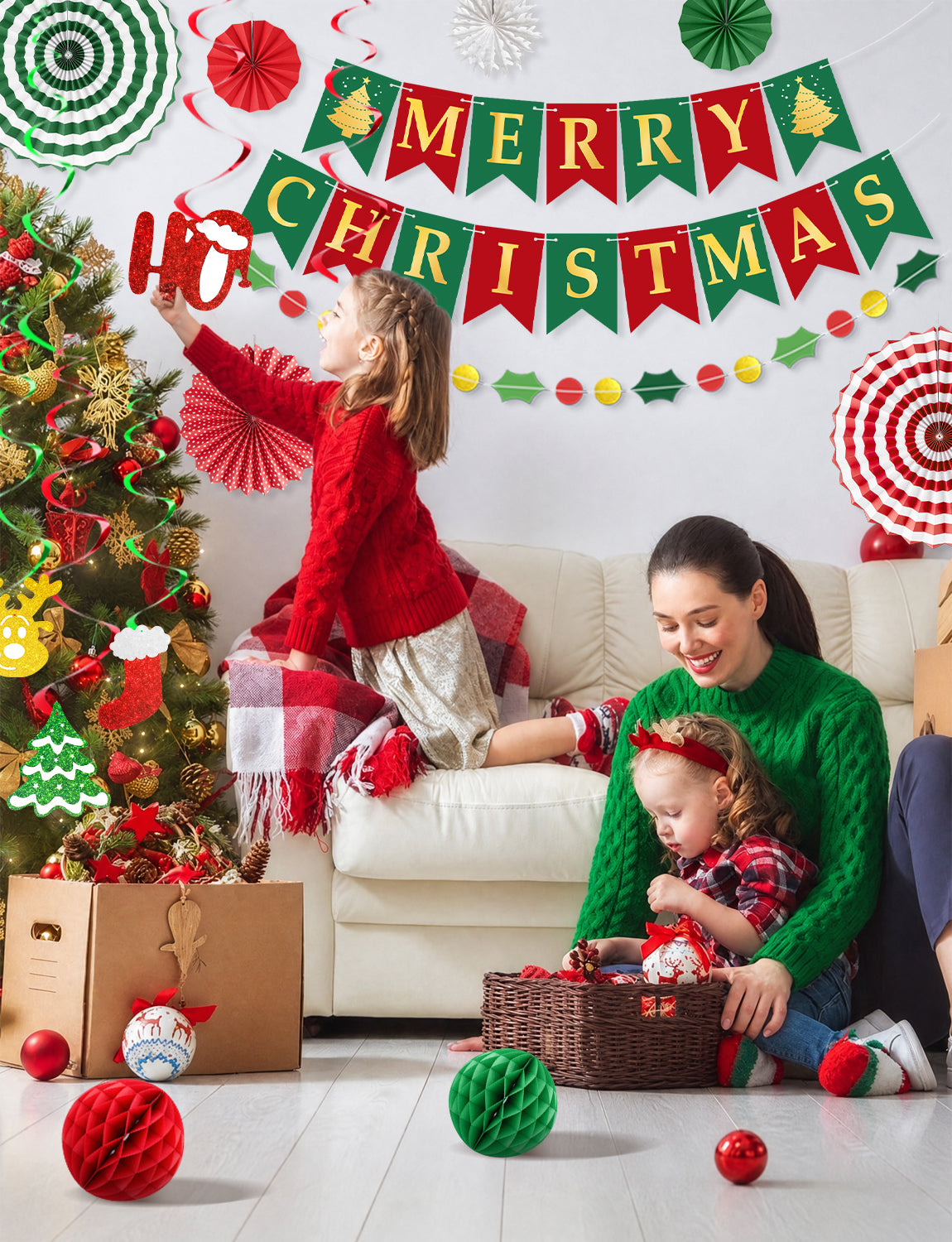 Adeyoo Christmas Decorations, 18Pcs Merry Christmas Paper Decoration Banner Honeycomb Ball, Paper Fan, Snowflakes, Swirls and Merry Christmas Banner, Christmas Ceiling Decorations for Indoor Xmas Party