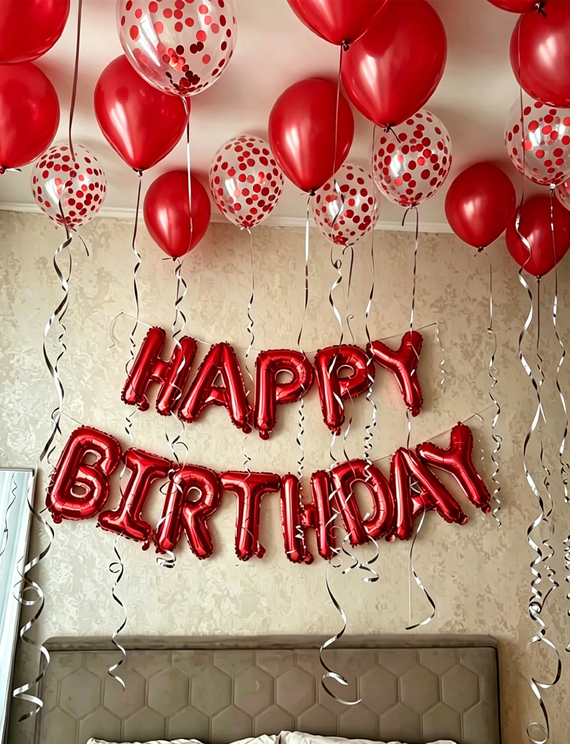 Red Happy Birthday Banner - Happy Birthday Decorations with Red Balloons and Foil Star Balloons Glitter Party Decorations for Women Men Pet Birth Party, Photo Shoot Supplies
