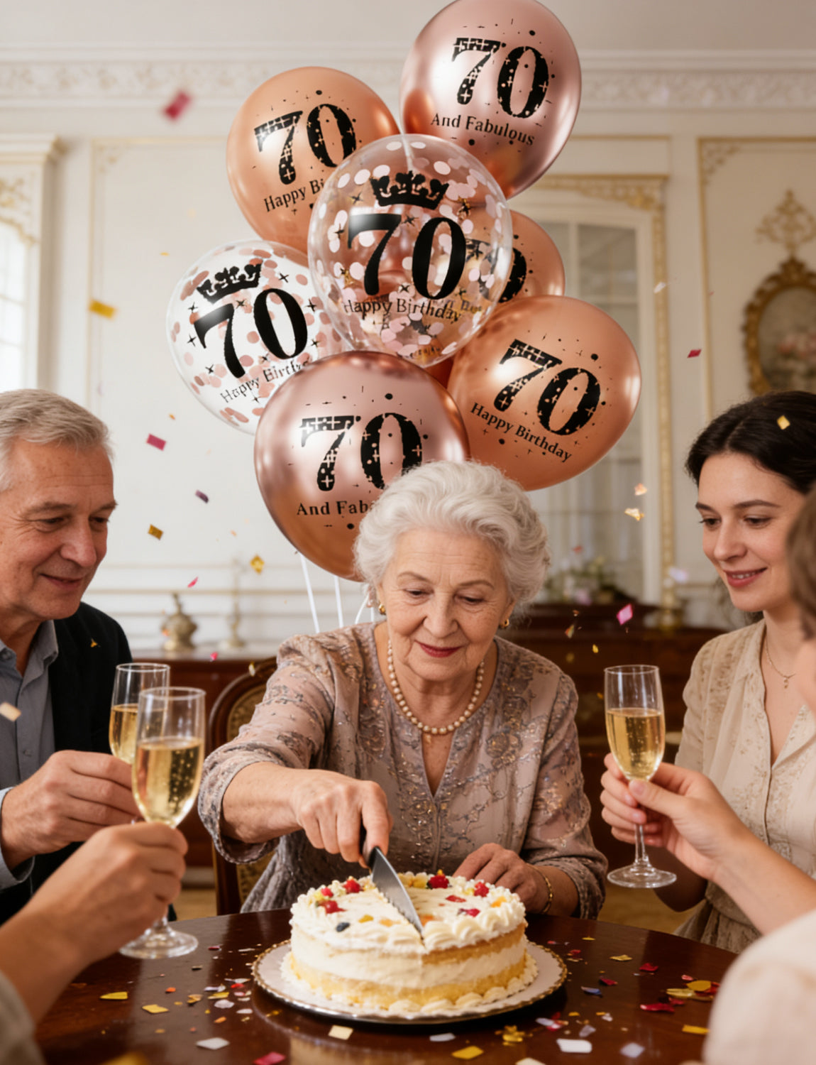 Adeyoo 24Pcs 70th Birthday Balloons - Rose Gold 70th Birthday Decorations for Women Her, 12Inch Rose Gold Latex Confetti Balloons Bright Party Balloon for Anniversary Celebration Supplies