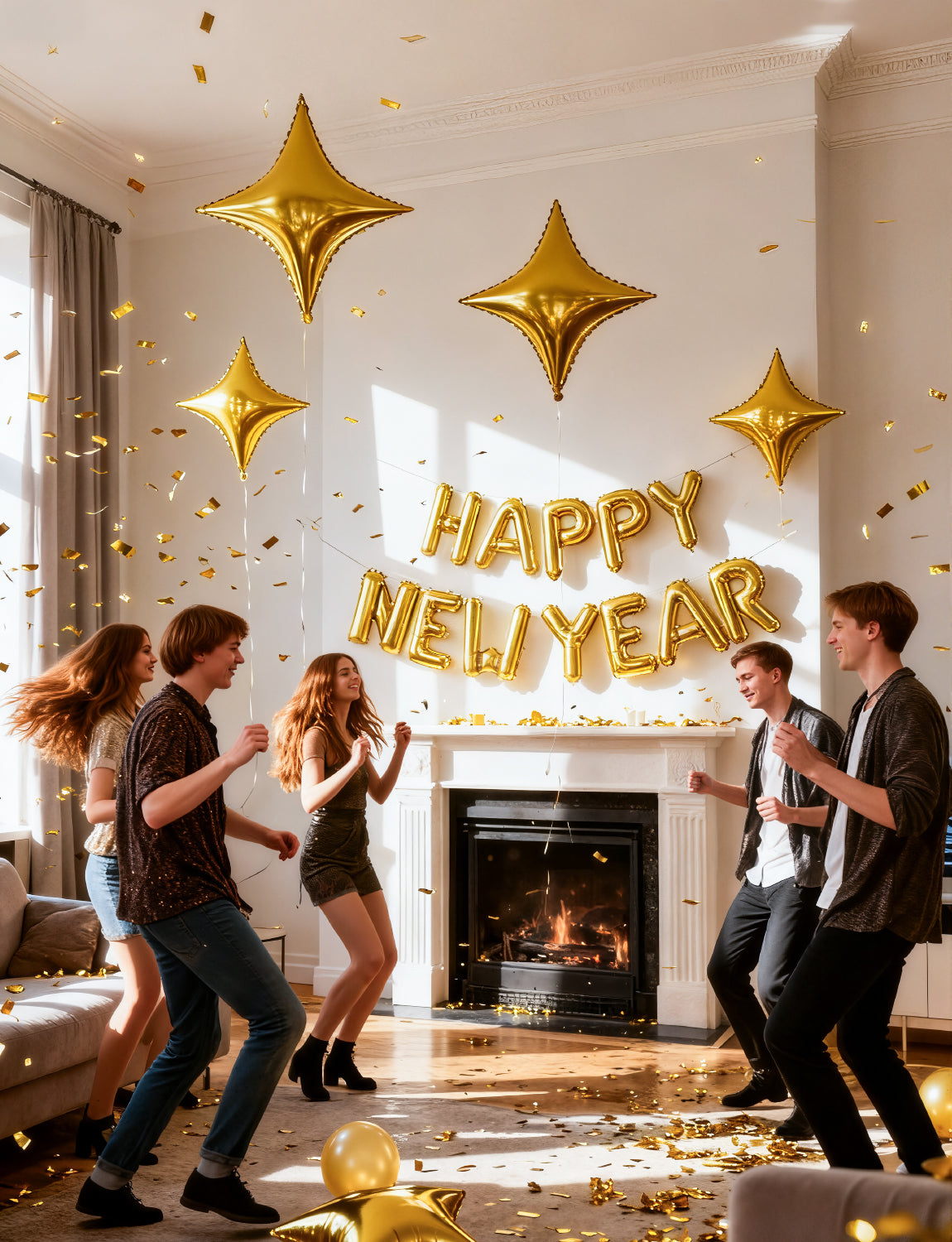 Adeyoo Happy New Year Balloons - 16 Inch Happy New Year Balloons Banner with Gold Star Big Letter Balloon Reusable Self Inflating Balloon for New Years Eve Party Decorations