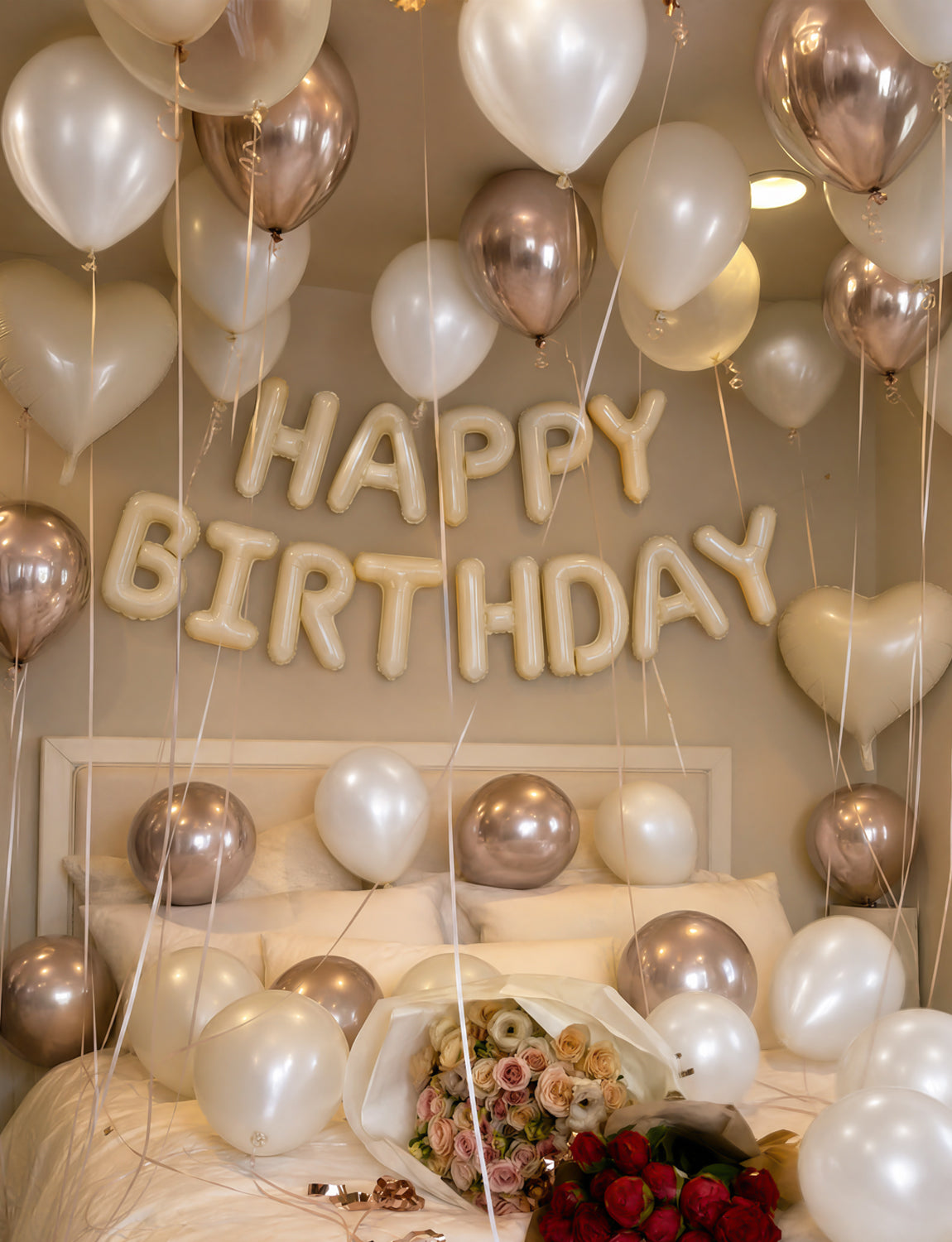 Cream Happy Birthday Balloons Banner - Big Beige Heart Foil Letter Balloon Banner with 12 Inch Metallic Pearl Sand White Balloons for Women Men Birthdays Boho Neutral Party Decorations