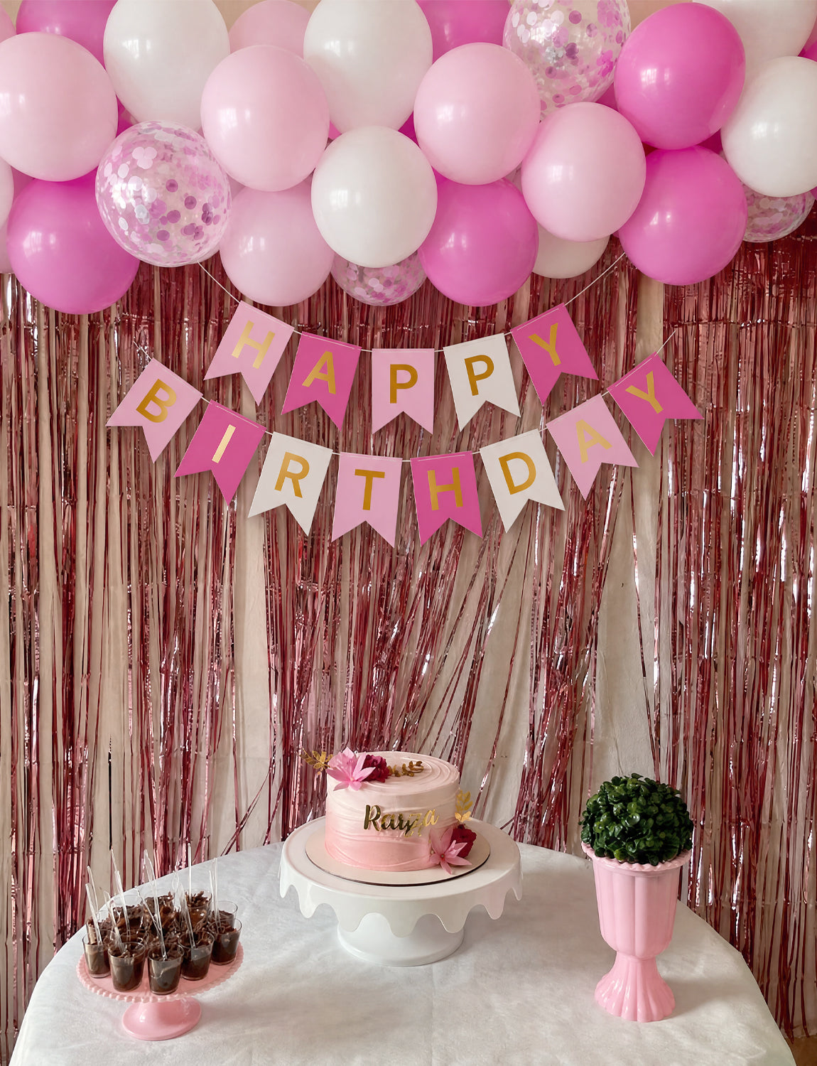 Pink Birthday Decorations - Happy Birthday Banner with 12 Inch Pink and White Latex Confetti Balloons Reusable Bunting Banner for Girls Women Pet Happy Birth Party Decorations