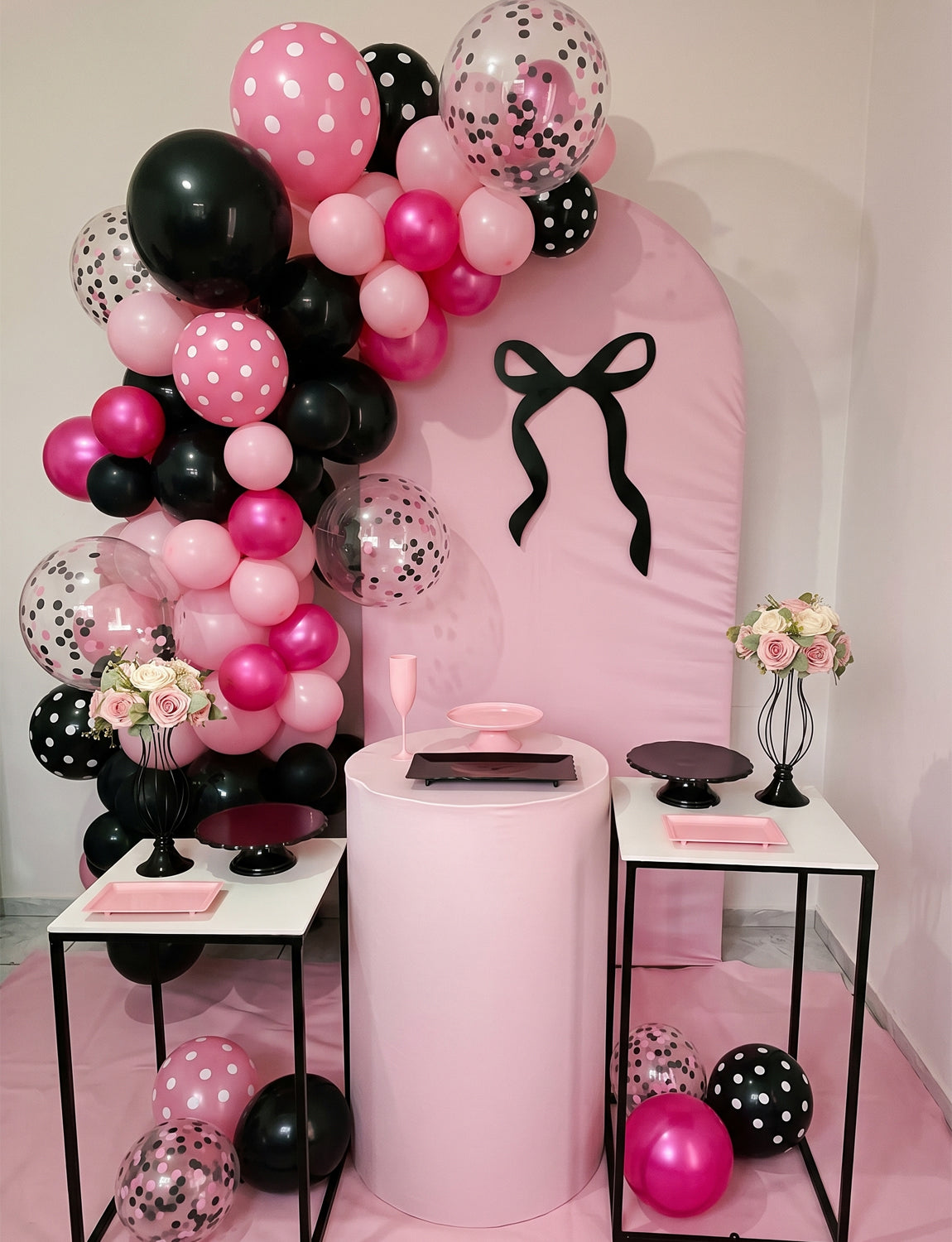 Pink and Black Balloons, 50 PCS 12 Inch Black Pink Polka Dot Balloon Baby Pink Balloons, Pearl Hot Pink and Pink Black Confetti Balloons for Girls Mouse Theme Birthday Baby Shower Party Decor