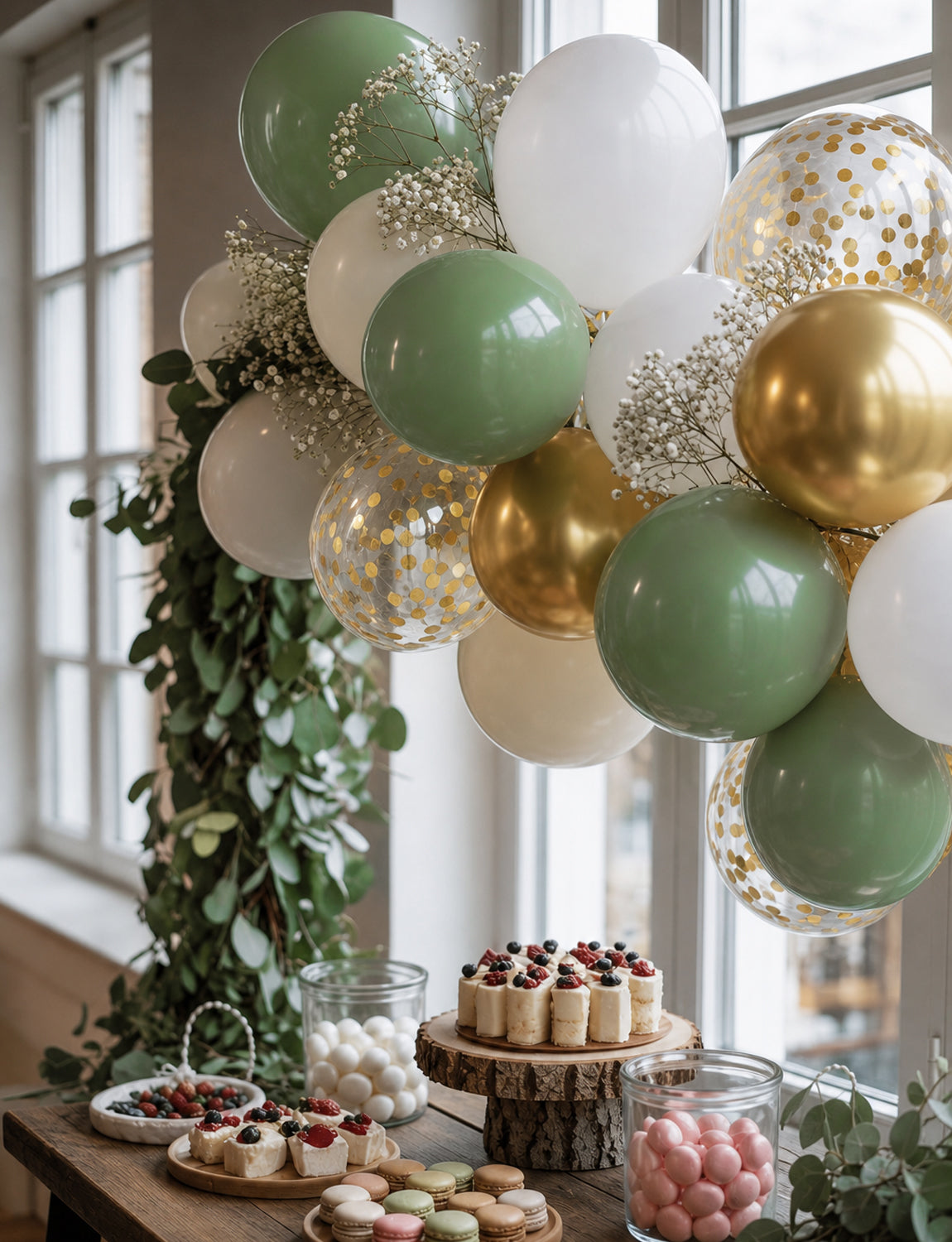 Sage Green and Gold Balloons, 12 Inch Sage Green White Gold Balloons 50 Pcs Sage Green and White Balloons, Cream Balloons, Gold Confetti Balloon for Birthday Jungle Theme Baby Shower Party Decor