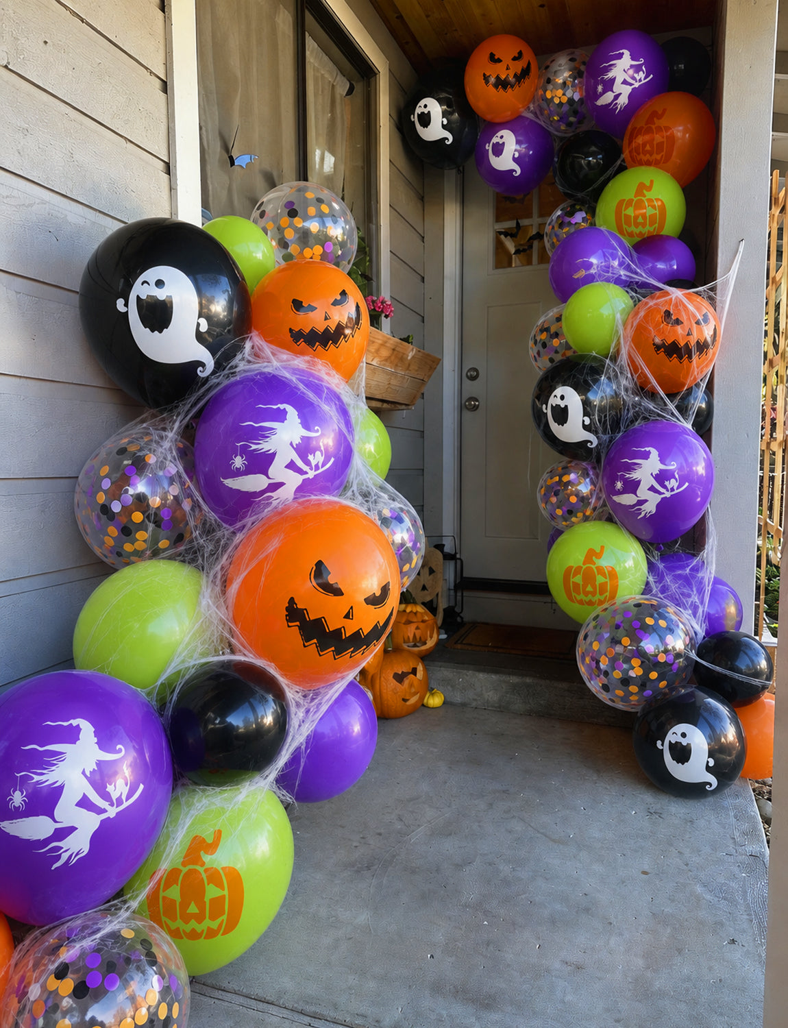 Halloween Balloons, 50 Pcs 12 Inch Black Orange Purple Green Balloon Halloween Latex Balloons with Confetti, Witch Pumpkin Ghost Print Balloons, Halloween Decorations for Spooky Birthday Party