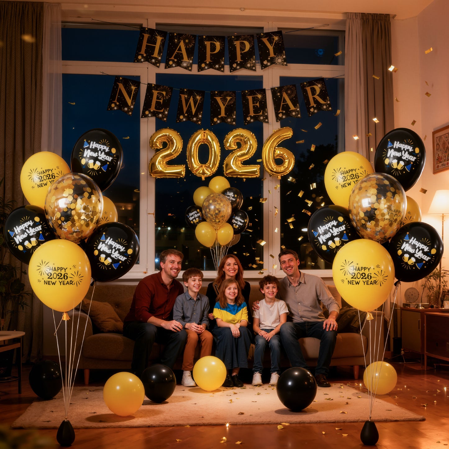 Adeyoo New Years Eve Decorations 2026 XXL Set - New Year Decorations with 2026 Giant Foil Balloons, Black and Gold Happy New Year Banner and Latex Confetti Balloons for Happy New Years Eve Party