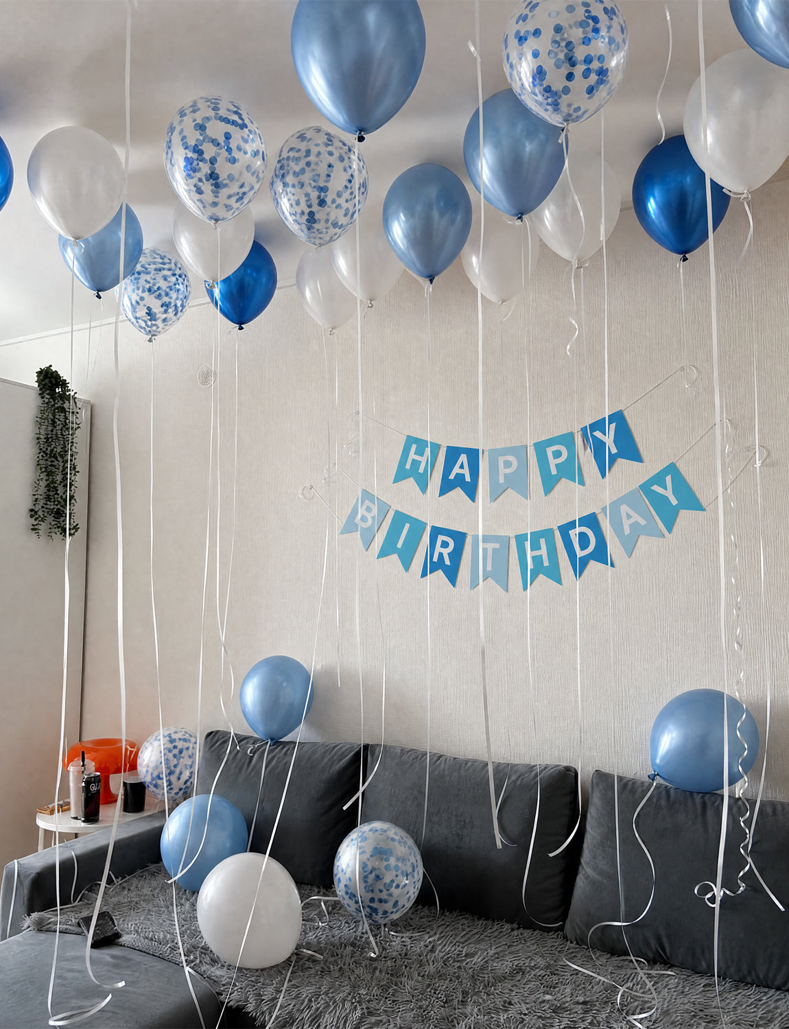 Blue Happy Birthday Banner - Pearl Blue and White Balloons with Reusable Happy Birthday Banner Glitter Party Decorations for Men Boys Pet Birth Party, Photo Shoot Supplies
