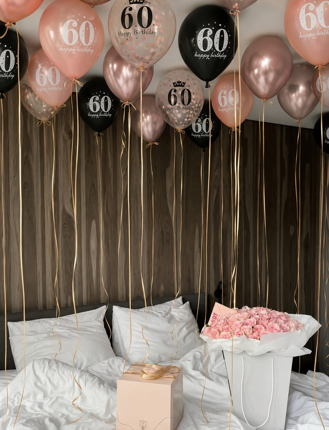 60th Birthday Balloons, Rose Gold and Black Balloons for Party Decor 24 Pcs 12 Inch Happy Birthday Balloons, Metallic and Pearl Rose Gold Balloons with Confetti, 60th Birthday Party Decorations