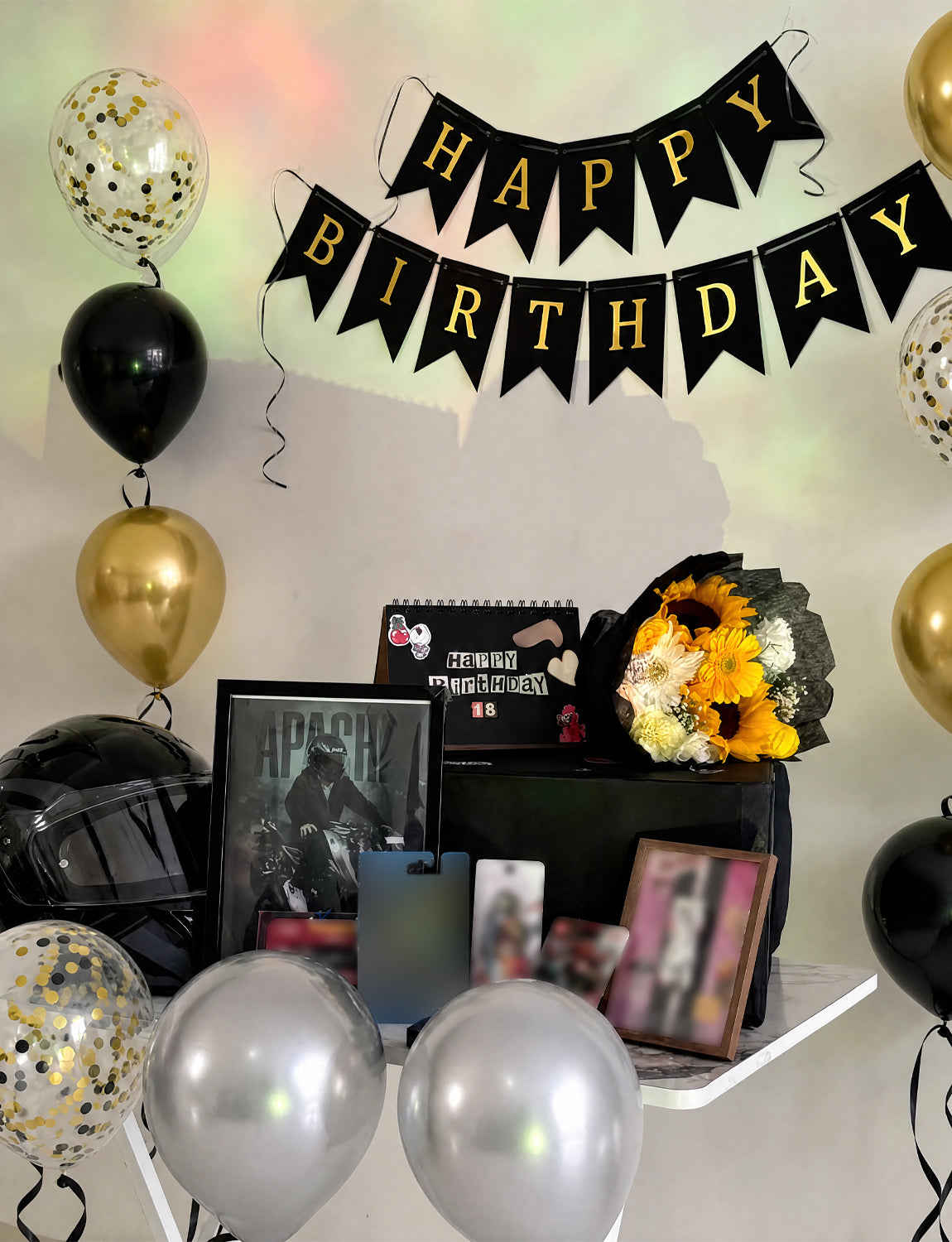 Black and Gold Happy Birthday Banner - Black and Gold Birthday Decorations with 12 Inch Latex Confetti Balloons Reusable Bunting Banner for Men Women Pet Happy Birth Party Decorations