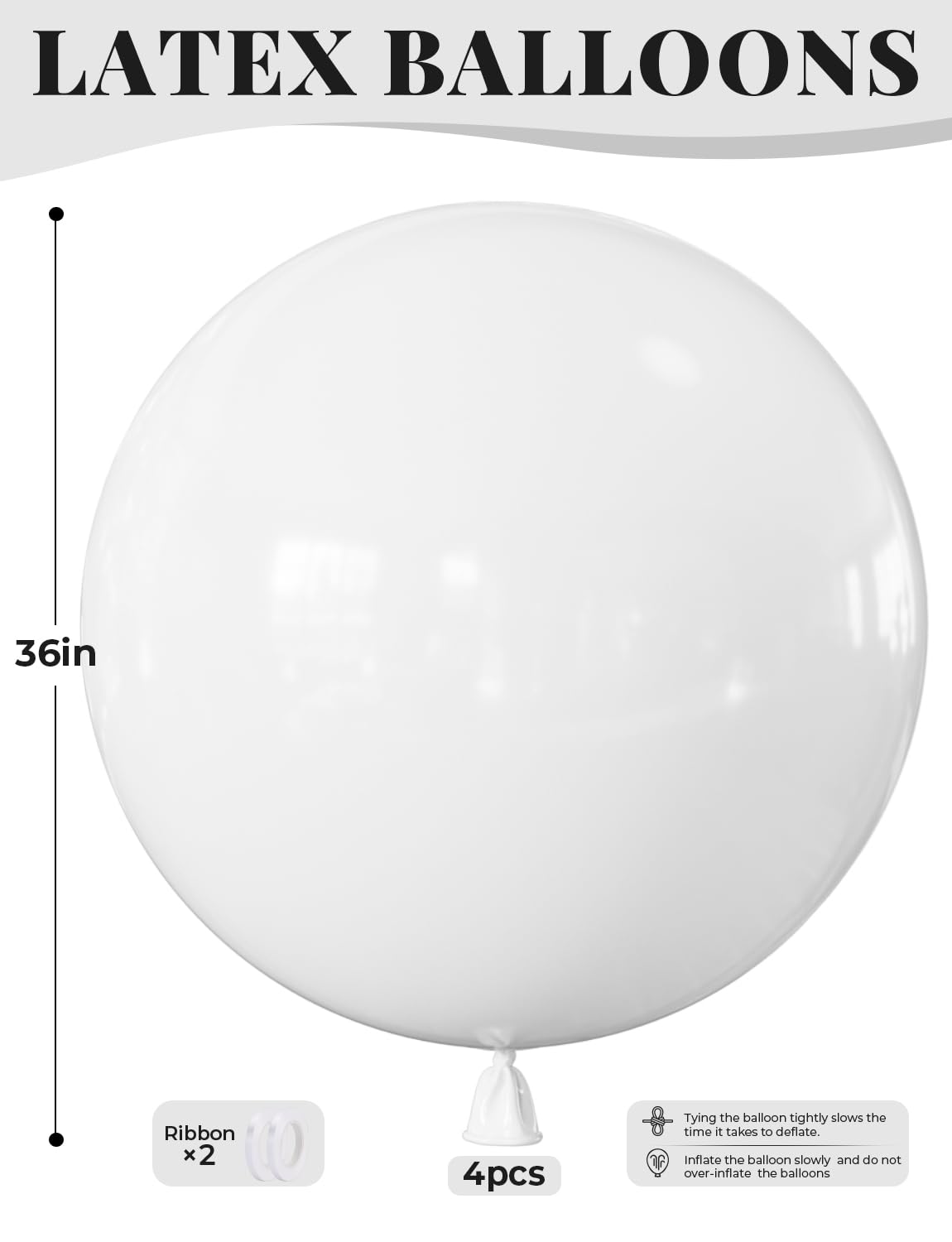 Adeyoo 36 Inch White Balloons - Giant Balloons Jumbo White Latex Balloon Extra Large Round Balloon for Wedding Bridal Birthday Bachelorette Party Decorations (4Pcs), Photo Shoot