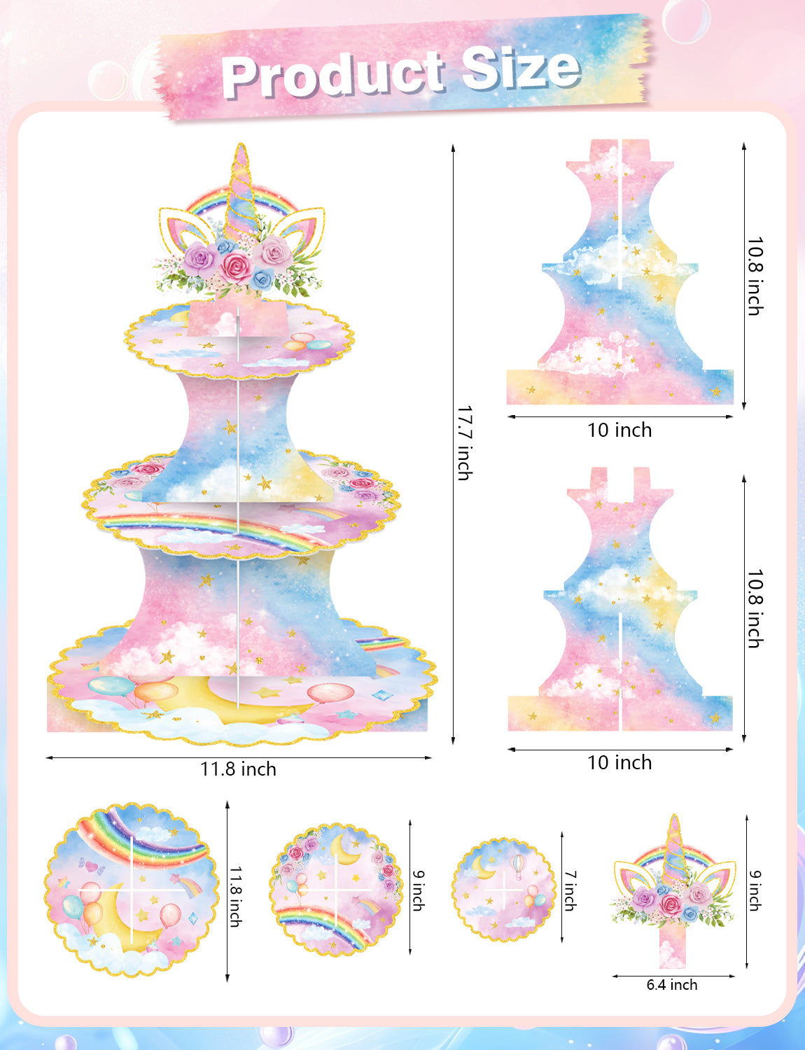3 Tier Rainbow Cupcake Stand, Pastel Cake Stand for Rainbow Decor Pink Blue Cardboard Cupcake Holder for Dessert Table Display, Rainbow Birthday Decorations for Girls' Magical Floral Party