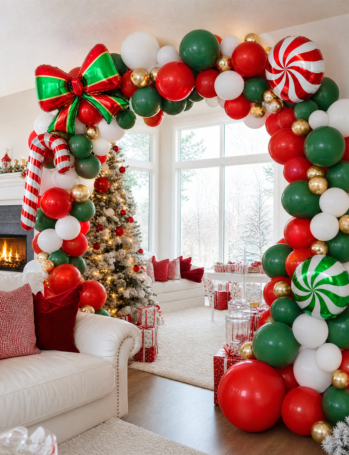 Christmas Balloon Garland Arch Kit, Red Green Gold Christmas Balloon 131 Pcs Red Green White Gold Latex Balloons with Christmas Bow, Candy Cane Foil Balloons for Christmas New Year Party Decor