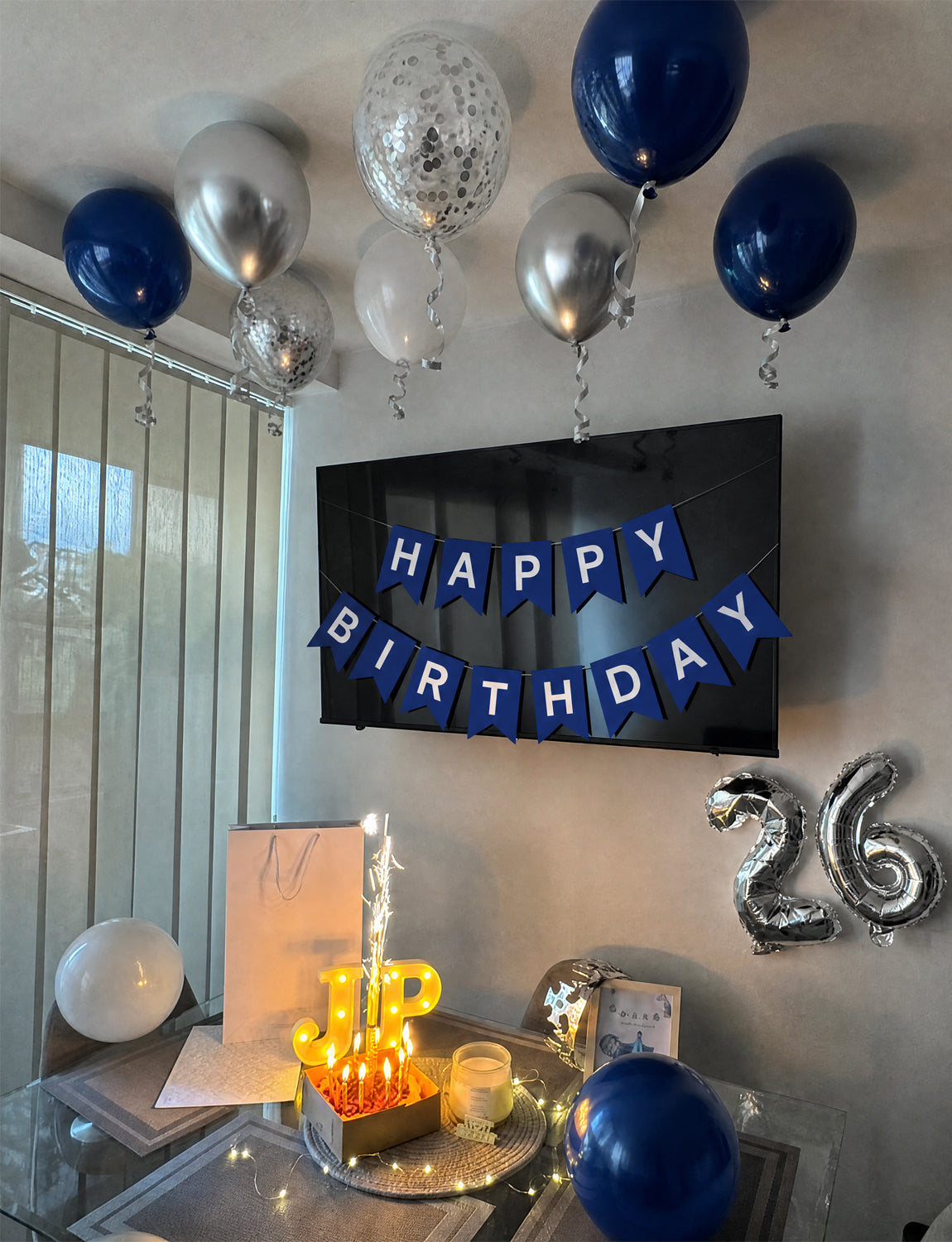 Navy Blue Birthday Banner - Blue Happy Birthday Banner with 12 Inch Navy White Silver Latex Confetti Balloons Reusable Bunting Banners for Girls Women Pet Happy Birth Party Decorations