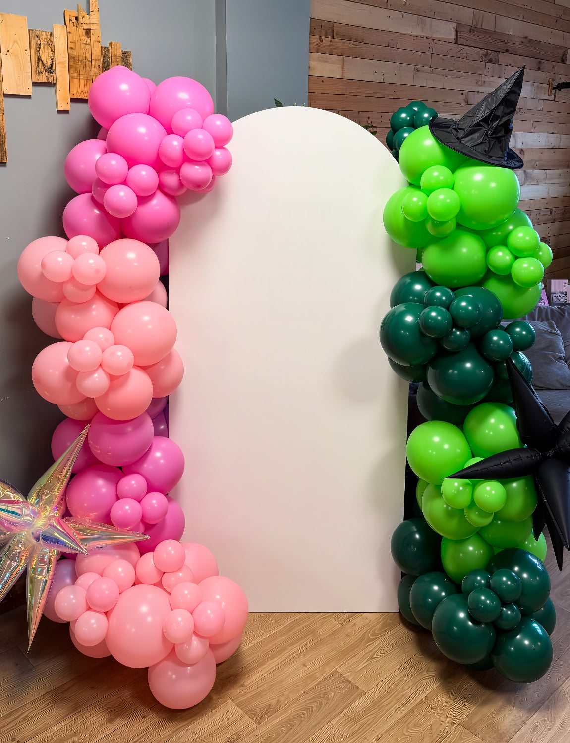 Pink and Green Balloons Arch Kit - Witch Balloon Arch Kit, Multi-Size Pink and Green Balloons with Foil Fringe Curtains Witch Hat Crown Explosion Star Broom Balloon for Birthday Party Decor