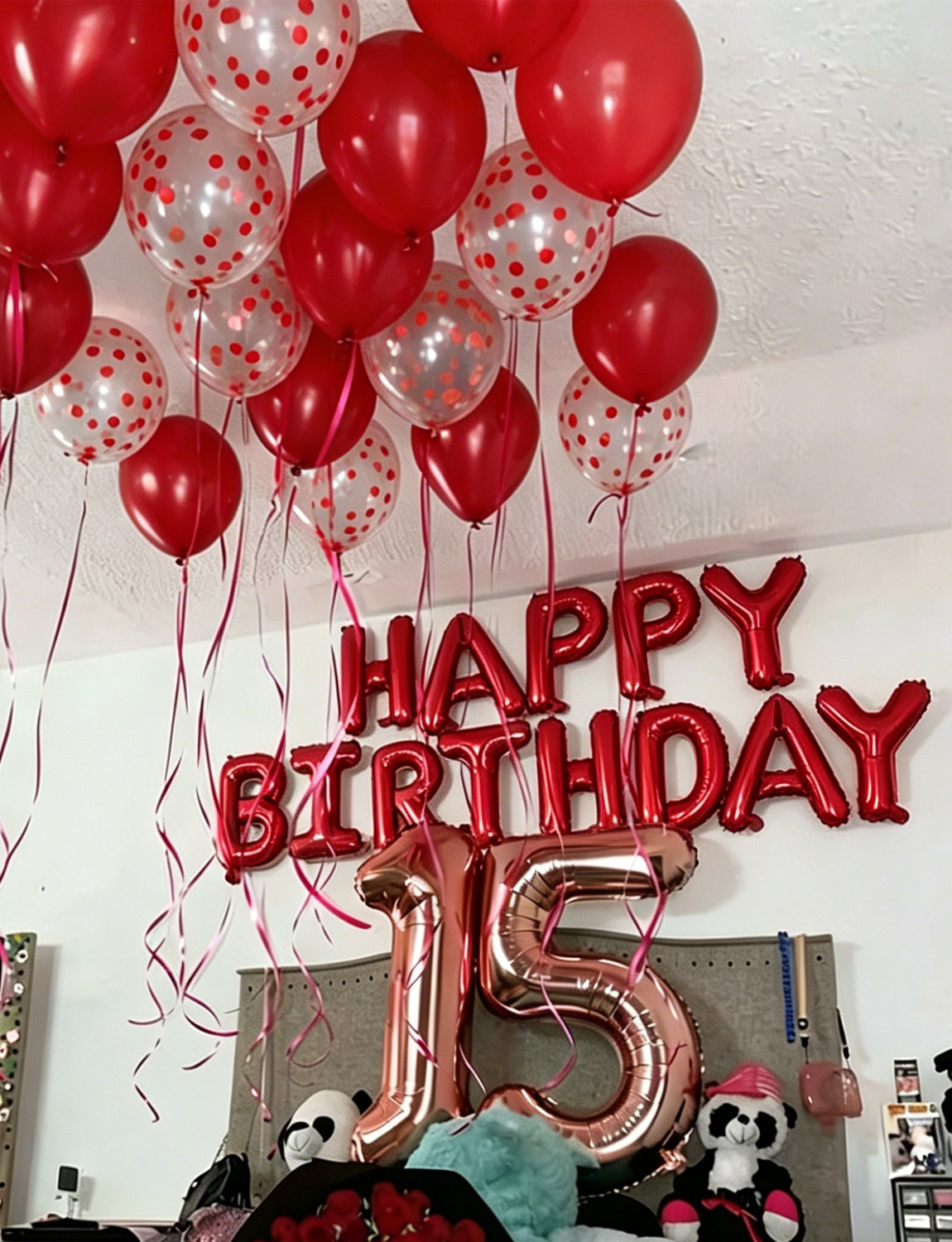 Red Happy Birthday Banner - Happy Birthday Decorations with Red Balloons and Foil Star Balloons Glitter Party Decorations for Women Men Pet Birth Party, Photo Shoot Supplies