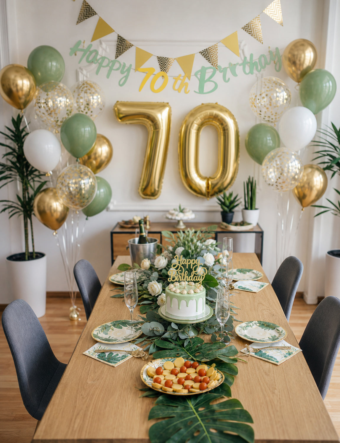 70th Birthday Decorations with 70th Birthday Banner for Women Men Sage Green Gold White Balloons, Number 70 Foil Balloon, Gold Bunting, Cake Topper for 50th Anniversary Birthday Party Decor