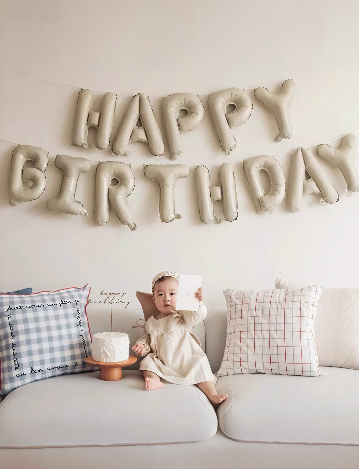 Adeyoo Cream Happy Birthday Balloons Banner - 16 Inch Cream Beige Neutral Foil Balloon Big Sand White Letter Balloons, Self Inflating Balloon for Girls Women Boys Men Birthday Party Decorations