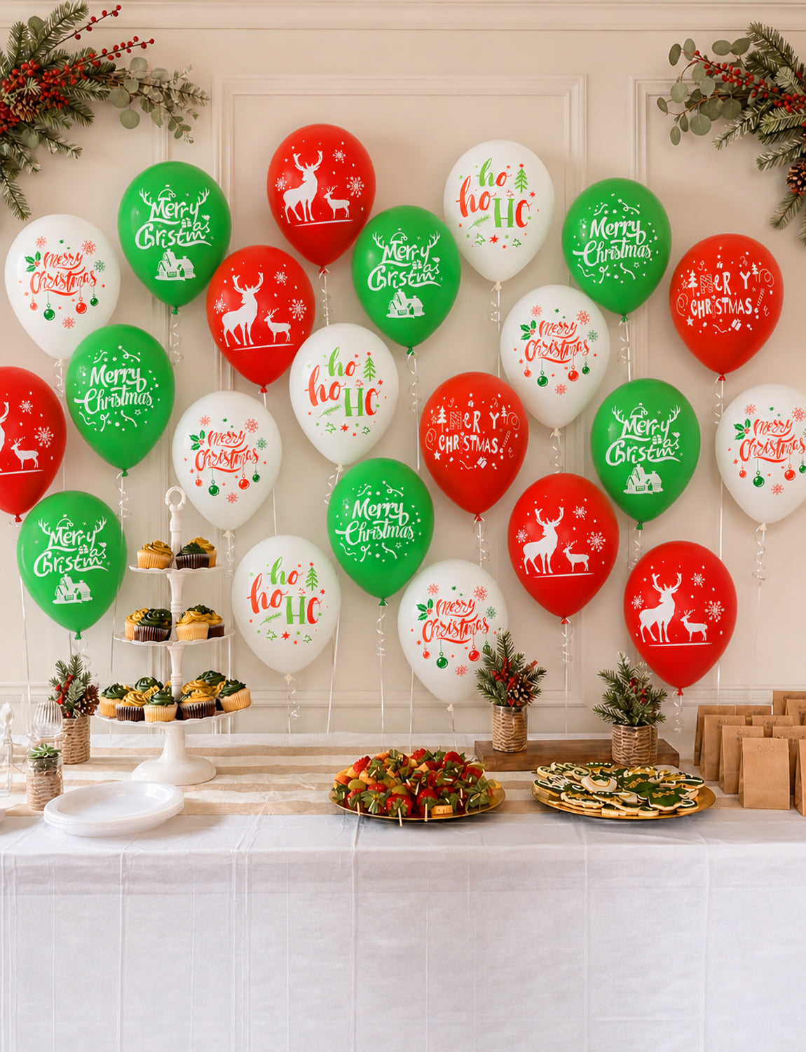 Christmas Balloons, 50 Pcs 12 Inch Red Green Christmas Print Balloon 6 Styles Christmas Latex Balloons, Red Green White Balloons, Christmas Decorations for Xmas Winter Wonderland Holiday Parties