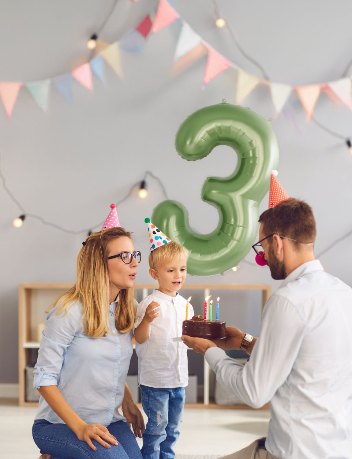 Adeyoo Green Number 3 Balloon - 40 Inch 3rd Birthday Balloon for Boys Girls, Sage Green Number Balloons 0-9, Self Inflating Foil Balloons for Women Men Birthday Jungle Anniversary Party Decorations