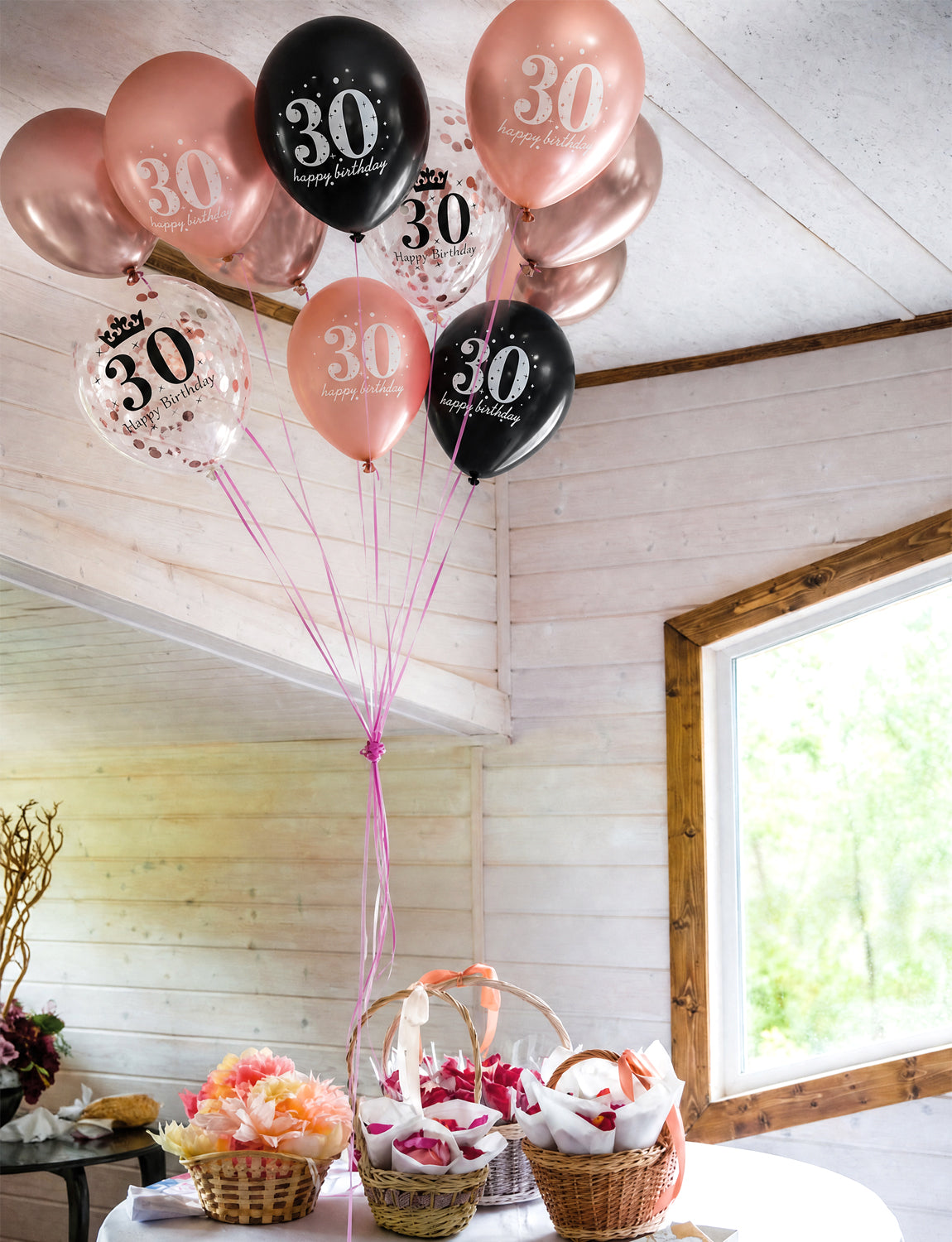 30th Birthday Balloons, Rose Gold and Black Balloons for Party Decor 24 Pcs 12 Inch Happy Birthday Balloons, Metallic and Pearl Rose Gold Balloons with Confetti, 30th Birthday Party Decorations