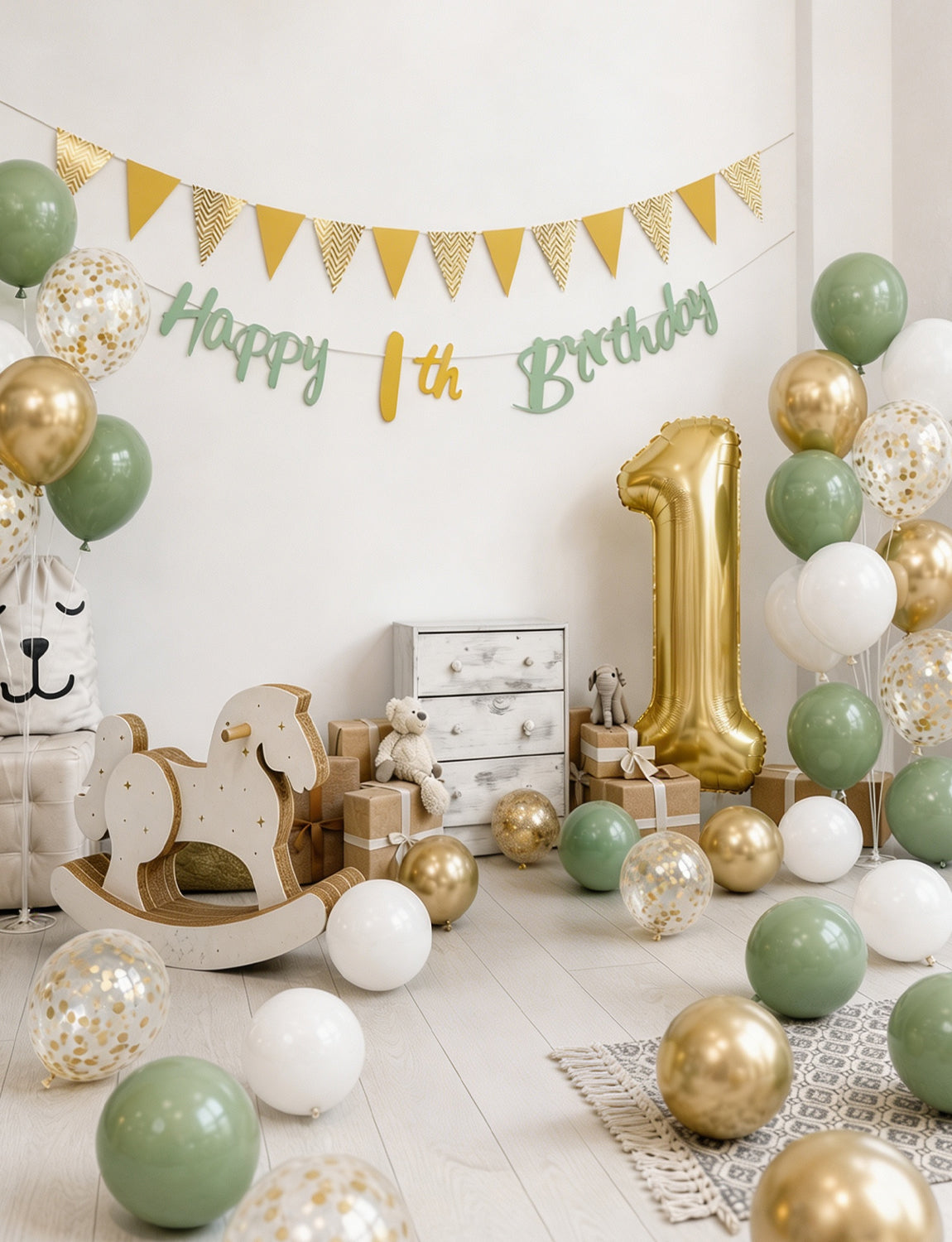 1st Birthday Decoration for Boy Girl, Sage Green Gold White Balloons 1st Birthday Banner , Number 1 Balloon, Gold Bunting, Cake Topper for Baby Wild One Party First Birthday Decorations