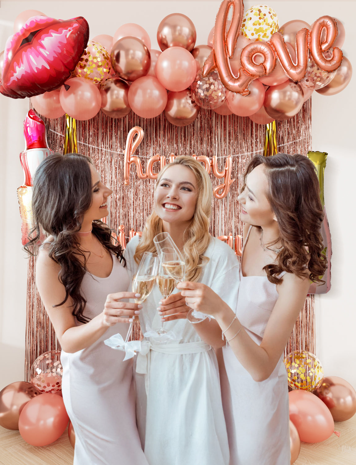 Adeyoo Rose Gold Birthday Decoration for Women Girls - Rose Gold Party Decorations with Happy Birthday Balloons, Foil Curtain, lips Champagne Lipstick Love Foil Balloons for Women Girls Party Supplies