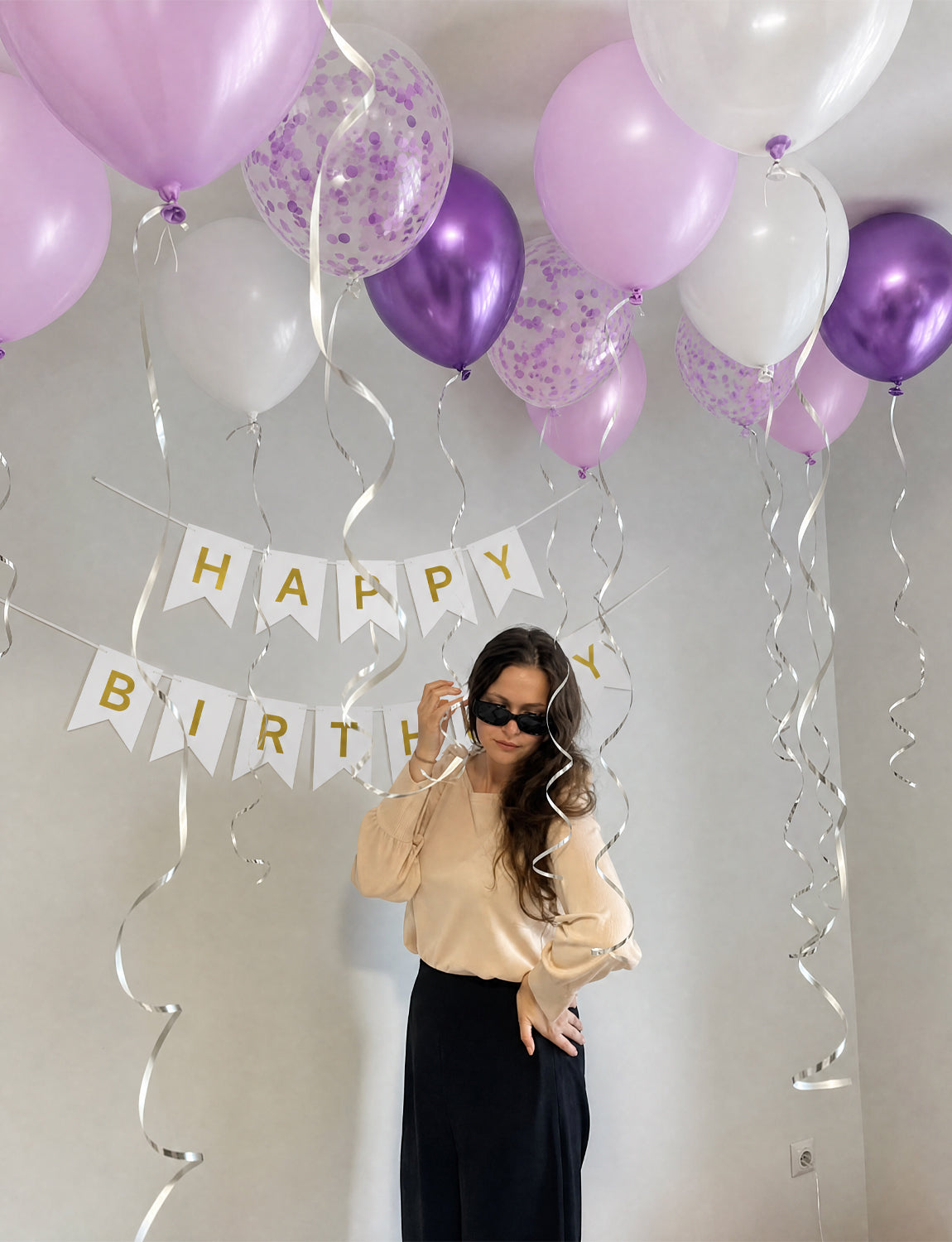 Purple Happy Birthday Banner - Purple Birthday Decorations with 12 Inch Lilac and White Latex Confetti Balloons Reusable Bunting Banner for Girls Women Pet Happy Birth Party Decorations