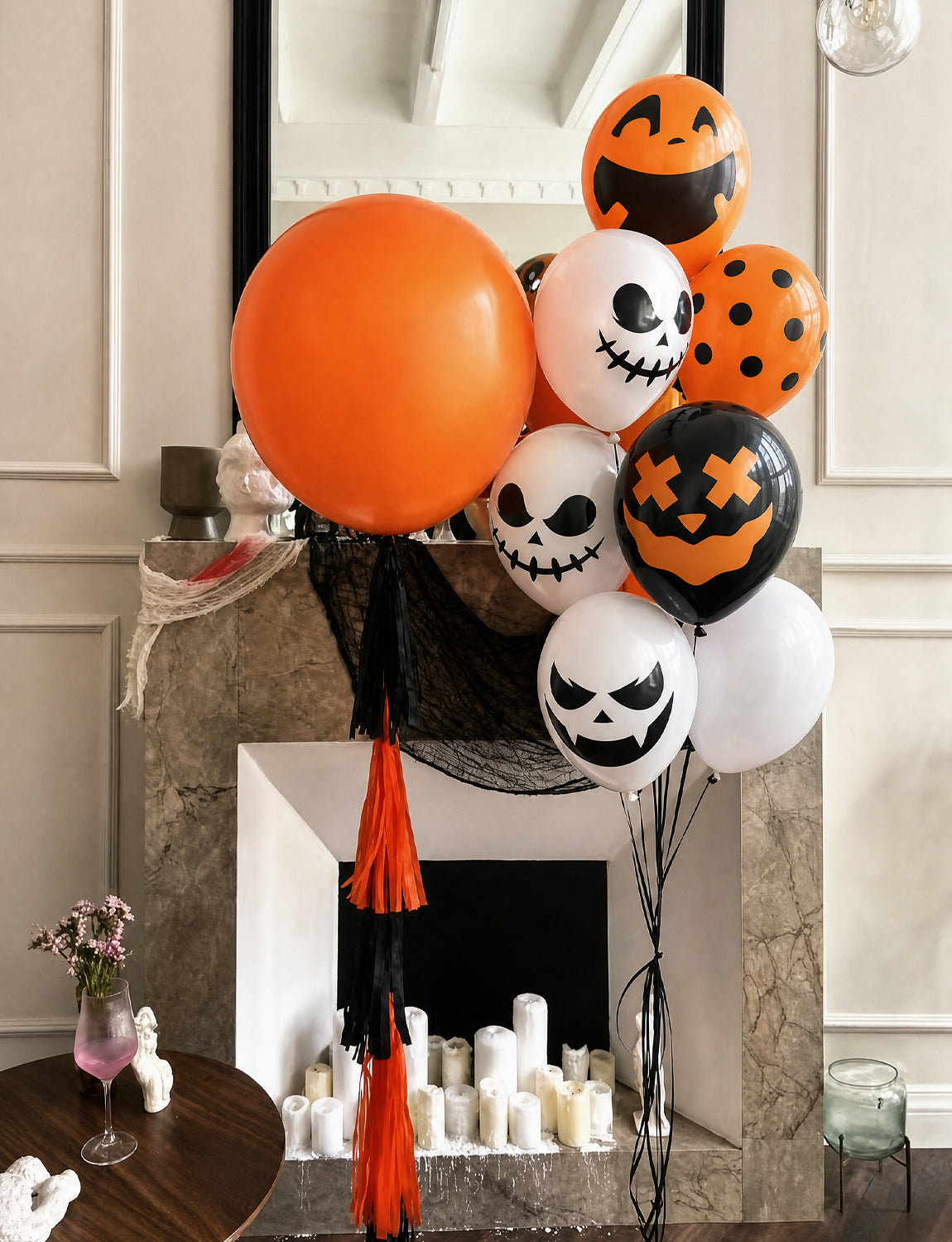Halloween Party Balloons, 50 Pcs 12 Inch Orange Black White Balloons 5 Styles Halloween Printed Balloons, Ghost, Pumpkin and Skull Balloons, Spooky Latex Balloons for Birthday Party Decorations