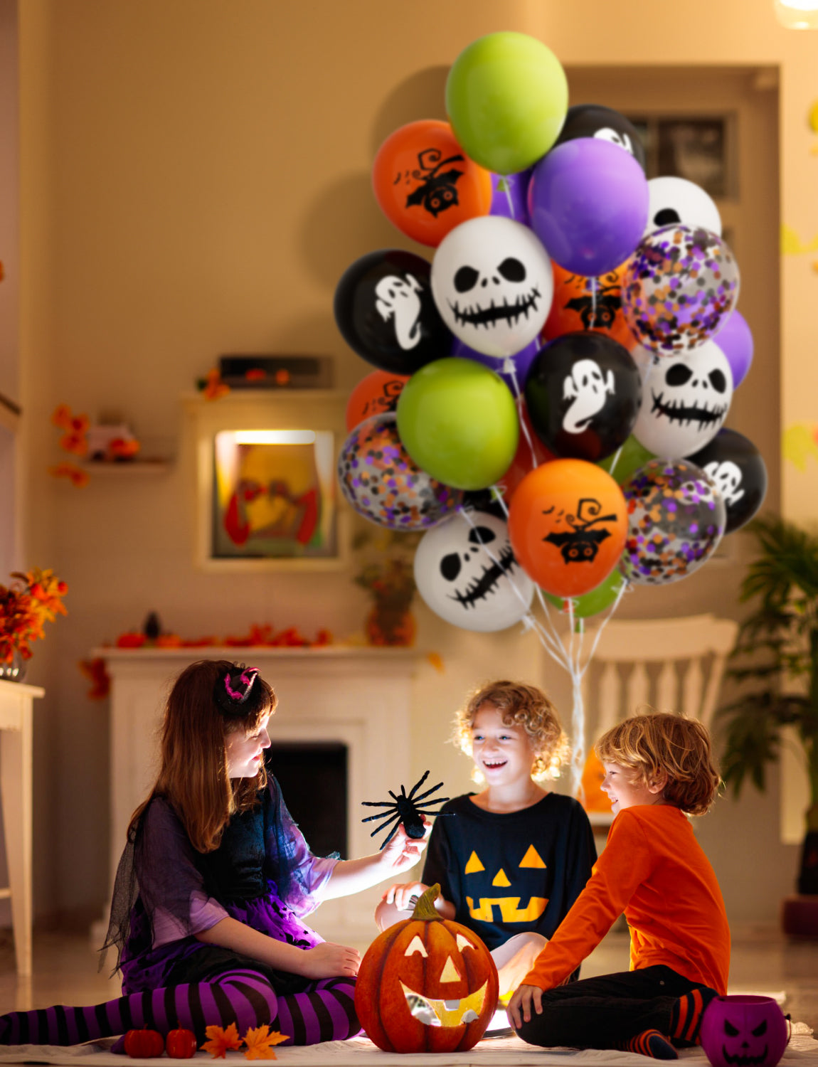 Adeyoo Halloween Balloons Decorations,60pcs 12 Inch Black Orange Balloons Set Purple Green Latex Balloons Fun Confetti Balloons Ghost Bat Skeleton Print Balloons for Halloween Birthday Party Supplies