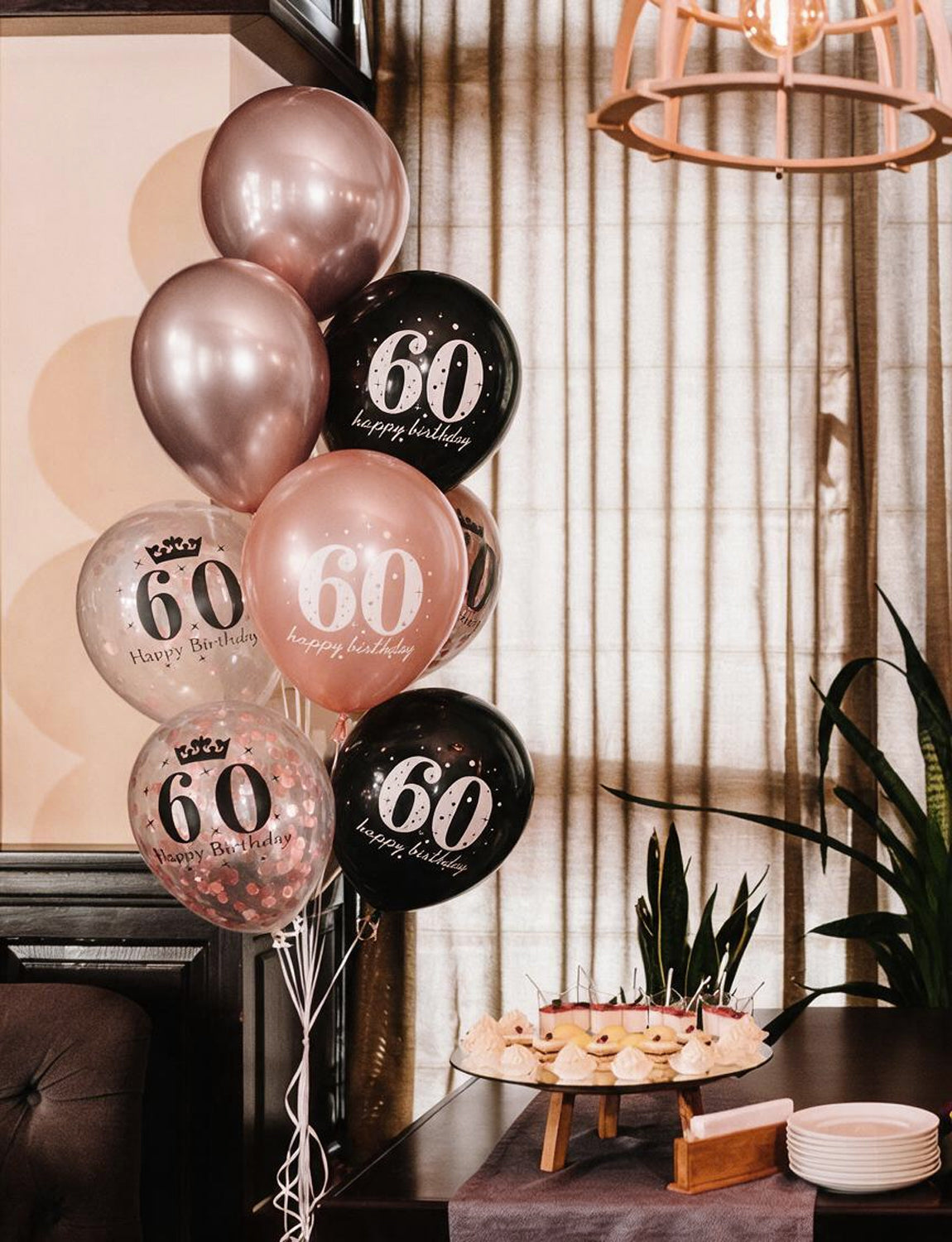 60th Birthday Balloons, Rose Gold and Black Balloons for Party Decor 24 Pcs 12 Inch Happy Birthday Balloons, Metallic and Pearl Rose Gold Balloons with Confetti, 60th Birthday Party Decorations