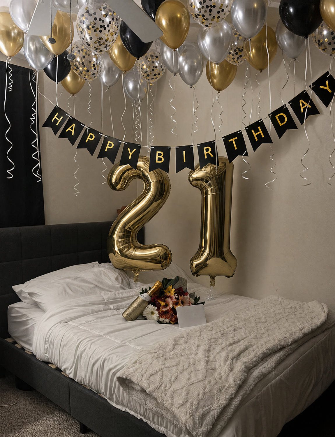 Black and Gold Happy Birthday Banner - Black and Gold Birthday Decorations with 12 Inch Latex Confetti Balloons Reusable Bunting Banner for Men Women Pet Happy Birth Party Decorations