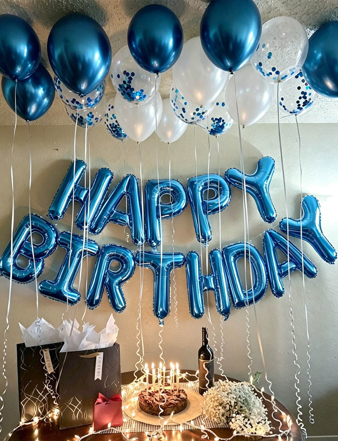 Happy Birthday Decorations - Blue Happy Birthday Balloons with Metallic Blue and White Latex Confetti Balloons, Silver Foil Star Balloons for Men Boys Pet Birthdays Party Decorations