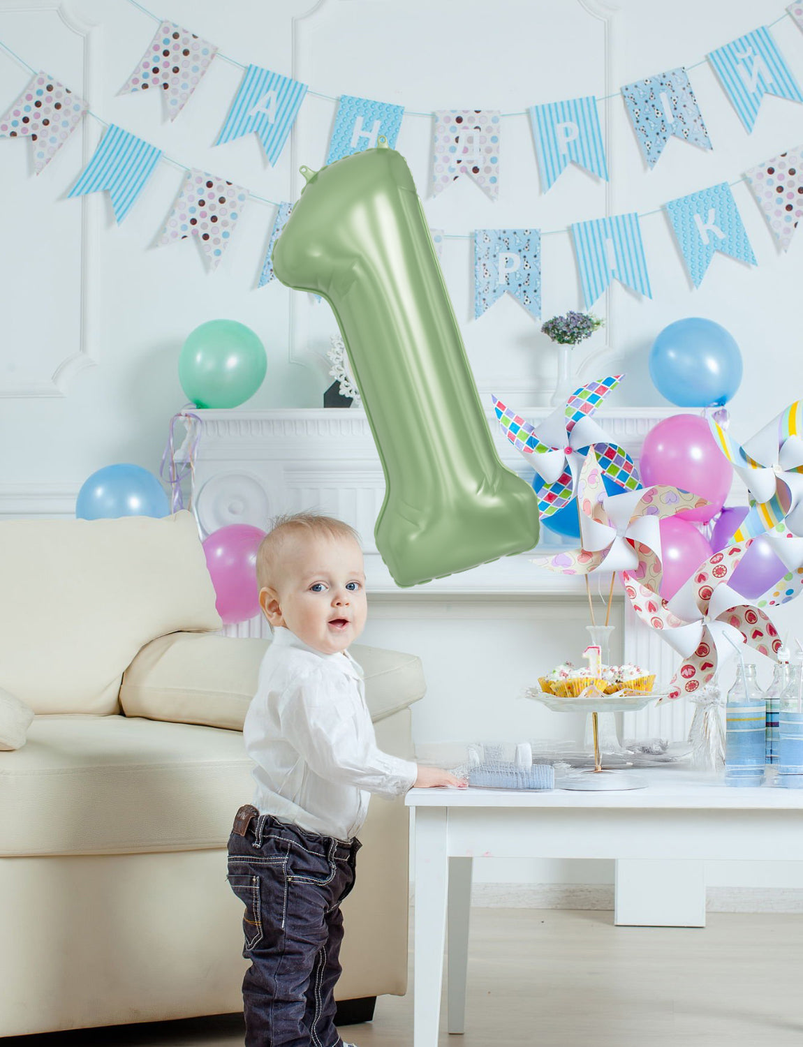 Adeyoo Sage Green Number 1 Balloon - 40 Inch Large Green Number Balloons, Self Inflating Foil Birthday Balloons Digital 0-9 for Birthday Baby Shower Jungle Safari Anniversary Party Decorations