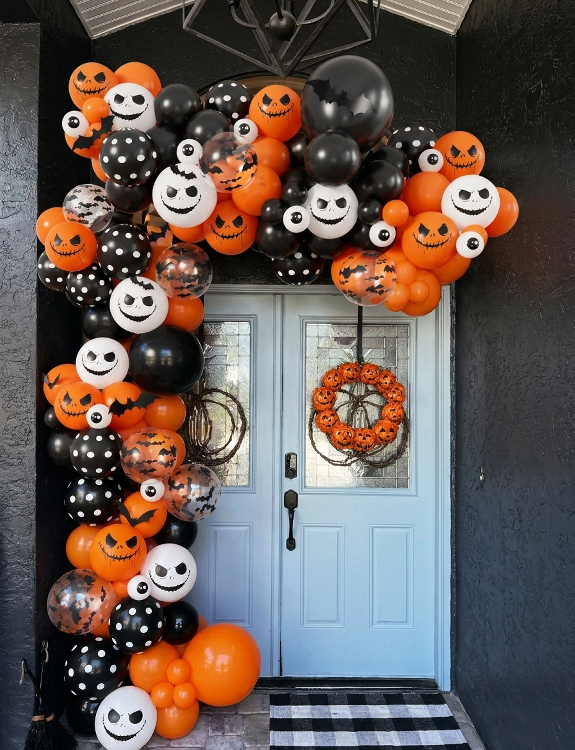 Halloween Balloon Garland Arch Kit, Black Orange White Balloons 134 Pcs Halloween Balloons with Eyeball, Bats and Ghost Face Print, 3D Bat Stickers for Birthday and Spooky Party Decorations
