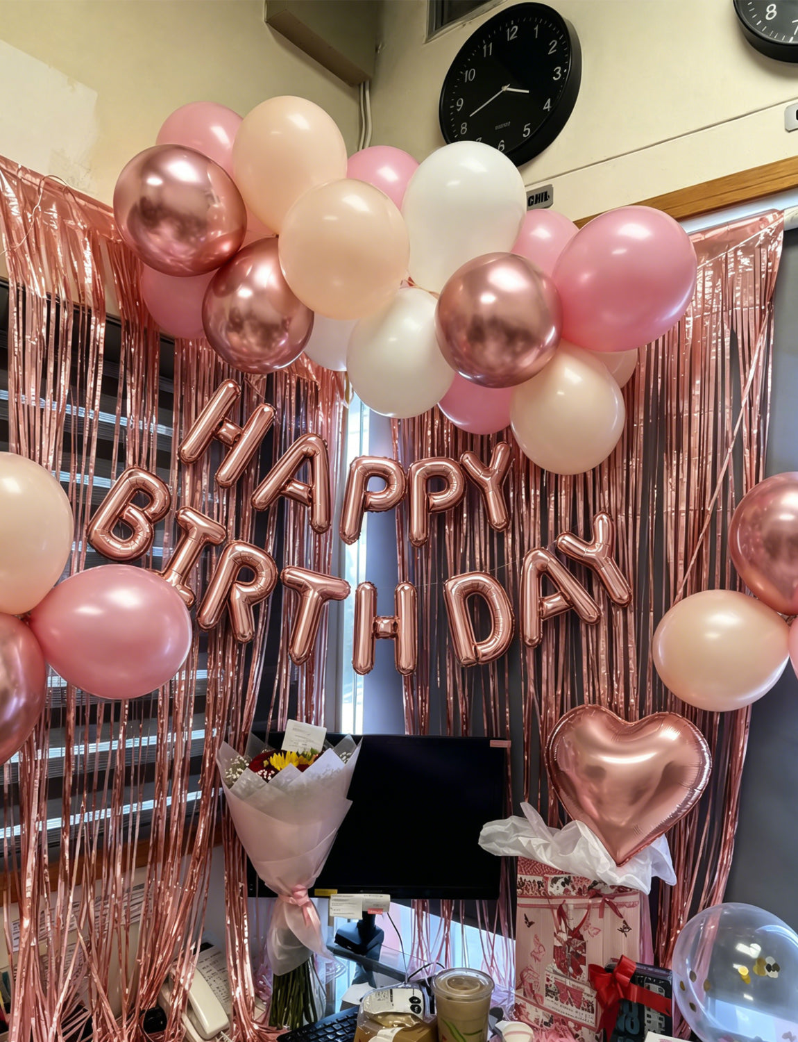 Rose Gold Happy Birthday Balloon Banner - Rose Gold Birthday Decorations with Dusty Pink Nude Sand White Latex Balloons, Heart Foil Balloons for Women Girls Birthdays Party Decorations