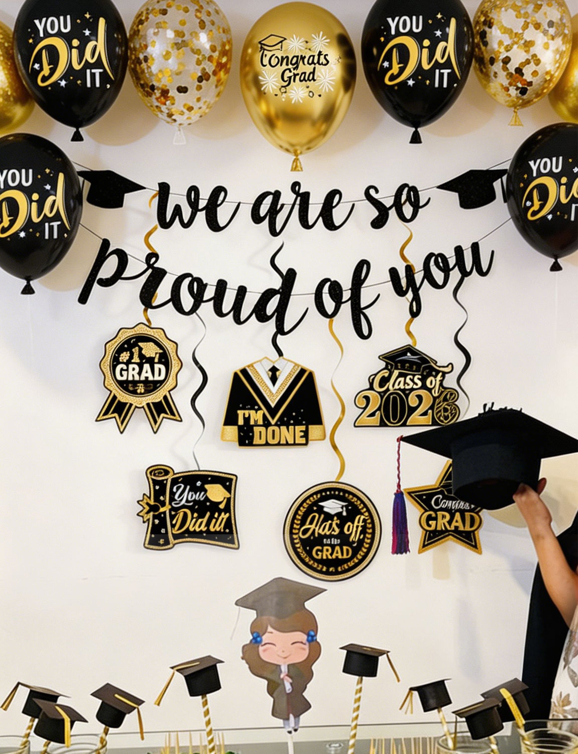 2026 Graduation Decorations - Graduation Party Decorations with We Are So Proud of You Banner Hanging Swirls, Black and Gold Print Balloons for Graduations Class of 2026 Leavers Party Supplies
