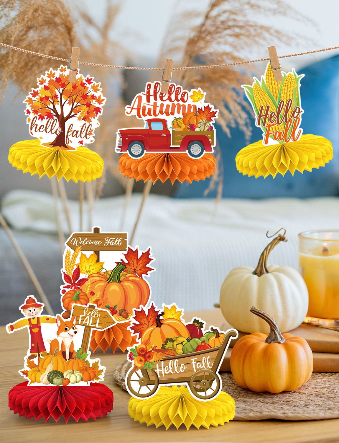 Fall Thanksgiving Table Decorations, Autumn Honeycomb Centerpieces | 9 Pcs 3D Fall Table Centerpieces, Pumpkin Centerpiece, Autumn Harvest Decoration for Thanksgiving Dinner, Home & Office Decor