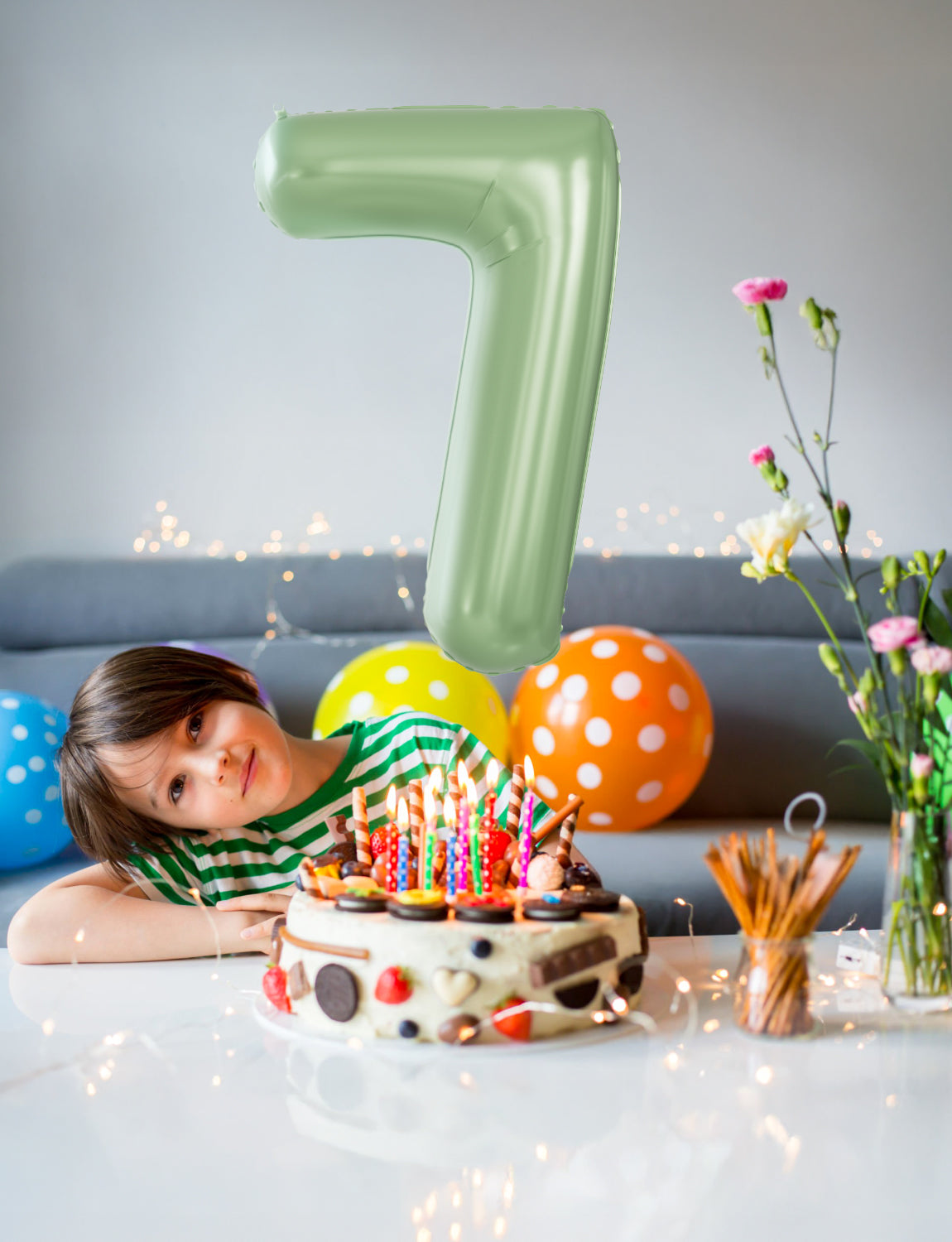 Adeyoo Sage Green Number 7 Balloon - 40" Giant Olive Green Number Balloons 0-9 Set, Self Inflating Digital 7 Balloon for Girls Boys Women Men Birthday Jungle Safari Anniversary Party Decorations