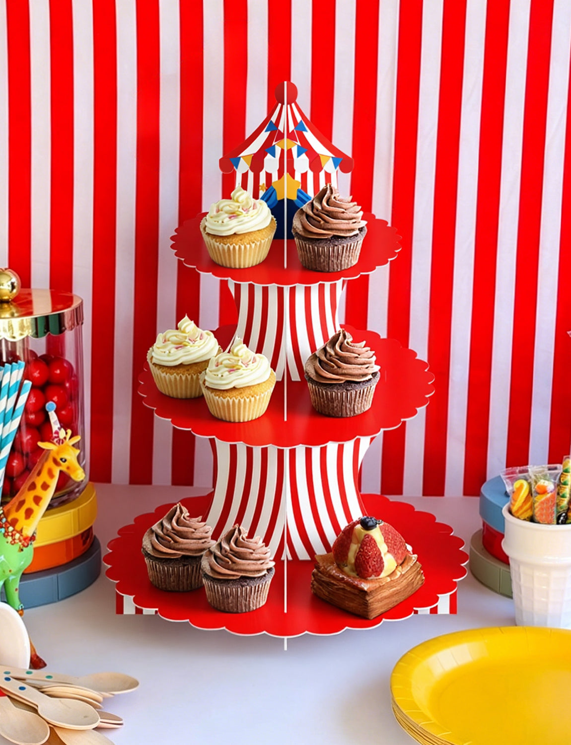 3 Tier Circus Carnival Cupcake Stand, Circus Tent Cupcake Holder Red and White Striped Cardboard Cupcake Stand, Carnival Decorations for Birthday Baby Shower Circus Party Decorations